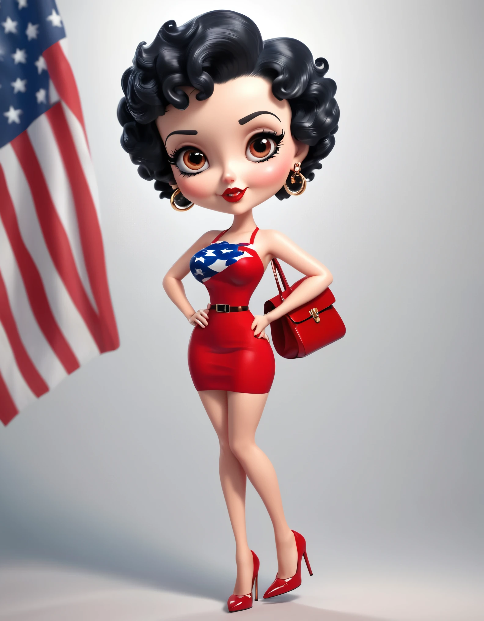 Betty Boop, an iconic character, wearing a red dress with the American flag pattern. She strikes a playful pose, with wide eyes, red lipstick, gold hoop earrings, and a short curly hairstyle. Photo realistic, 8k, vibrant color distant full body view