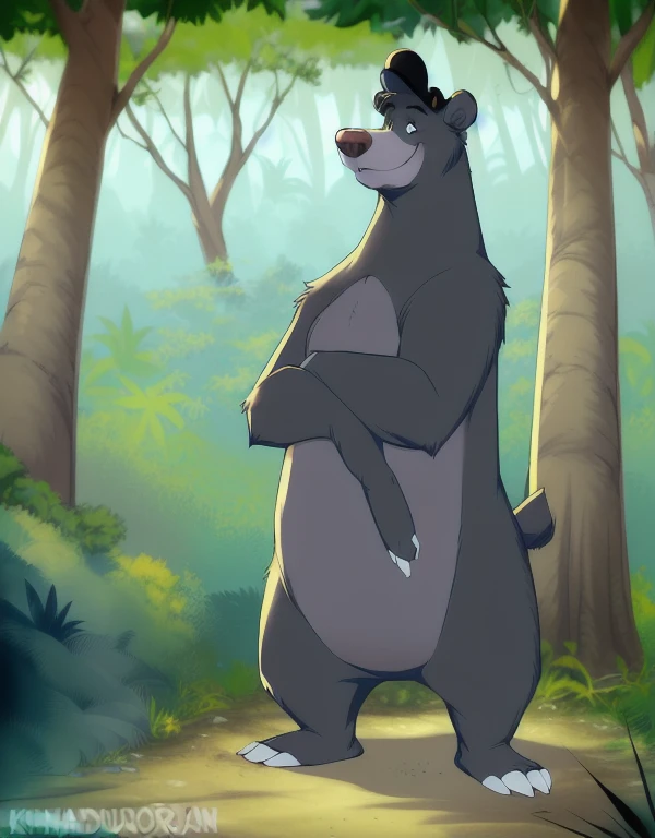 (((detailed eyes, detailed face))), (feral, baloo bear, no human), male, (solo), (plump), (nude, topless), standing, arms behind back, smile, using a black bowler hat, (by bna_v5, by inkudoragoon, by kicktyan), forest, light environment, soft shading, 8k, UHD, masterpiece