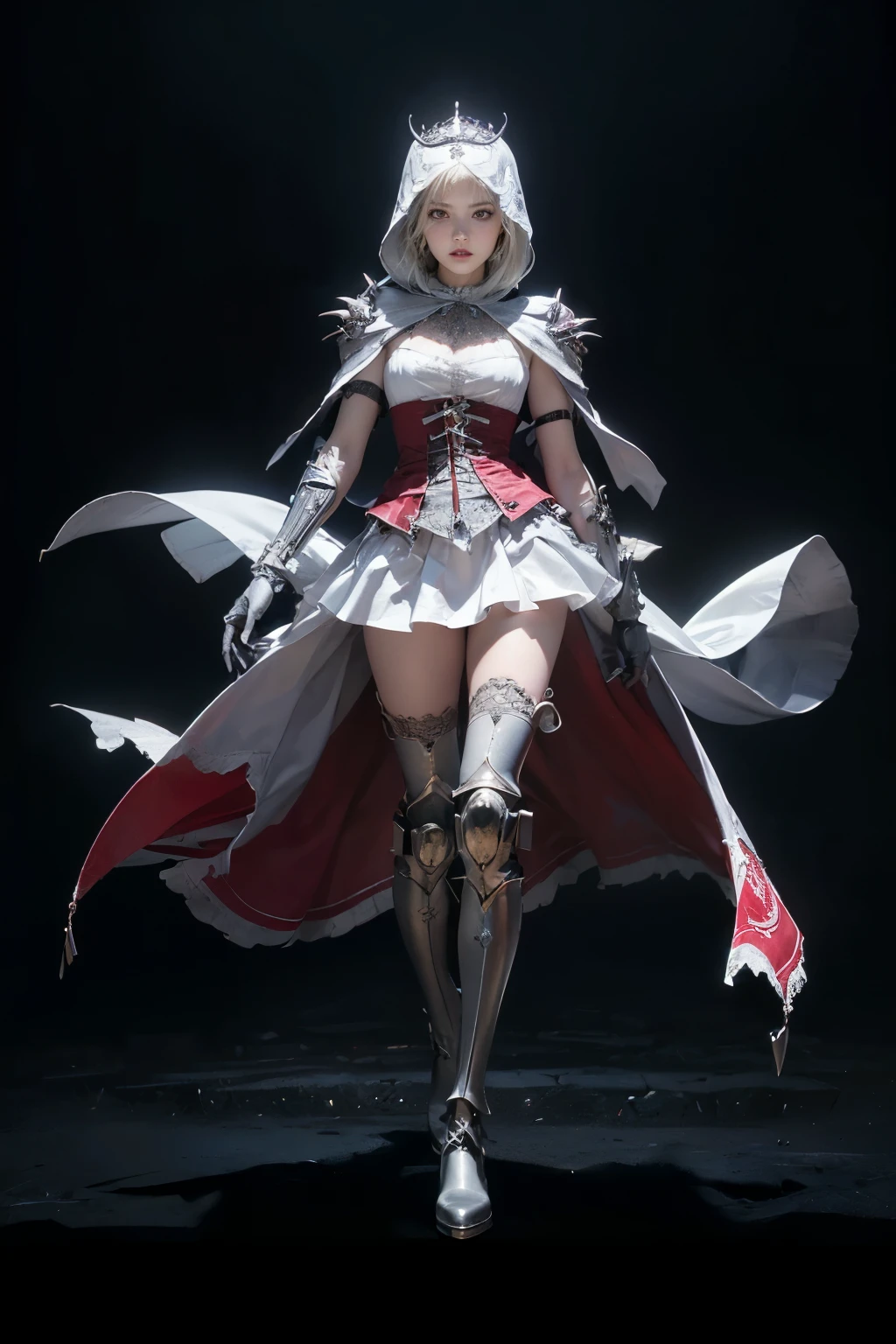 mpts
Copy
(((masutepiece, of the highest quality, super detailed))), a knight, white background, plain background, Bloodborne inspired, Bloodborne, occult aesthetic, occult, Complex mechanical cyborg girl, Skeleton body, red and white clothing detailed and intricate steampunk and detailed gothic lolita (with a hood), diadems, very thin long legs, Complex mechanical boots above the knee, Fluttering lace flared mini skirt, beautiful small breasts directed upwards, (((( Highly detailed face))), small thin nose, Small thin lips mouth, (((Very sharp focused eyes))), Very large slit precision pale grey eyes that shine like jewels. very long eyelashes, Silver hair swaying in the wind, Emitting a dazzling light in a mandala pattern, white background, Very dramatic and cinematic lighting, red and white clothing, full body, whole body, body, cosmic horror