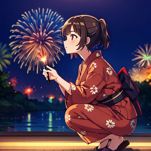 Profile of a woman with short brown hair in a yukata squatting and holding fireworks,24-years-old,Beautiful brown hair, (Clear brown eyes), Slightly chubby,Small breasts