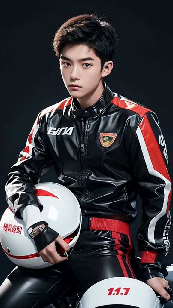 A 16-year-old Chinese male high school student，Wearing a PVC motorcycle suit，Neat black hair，greybackground