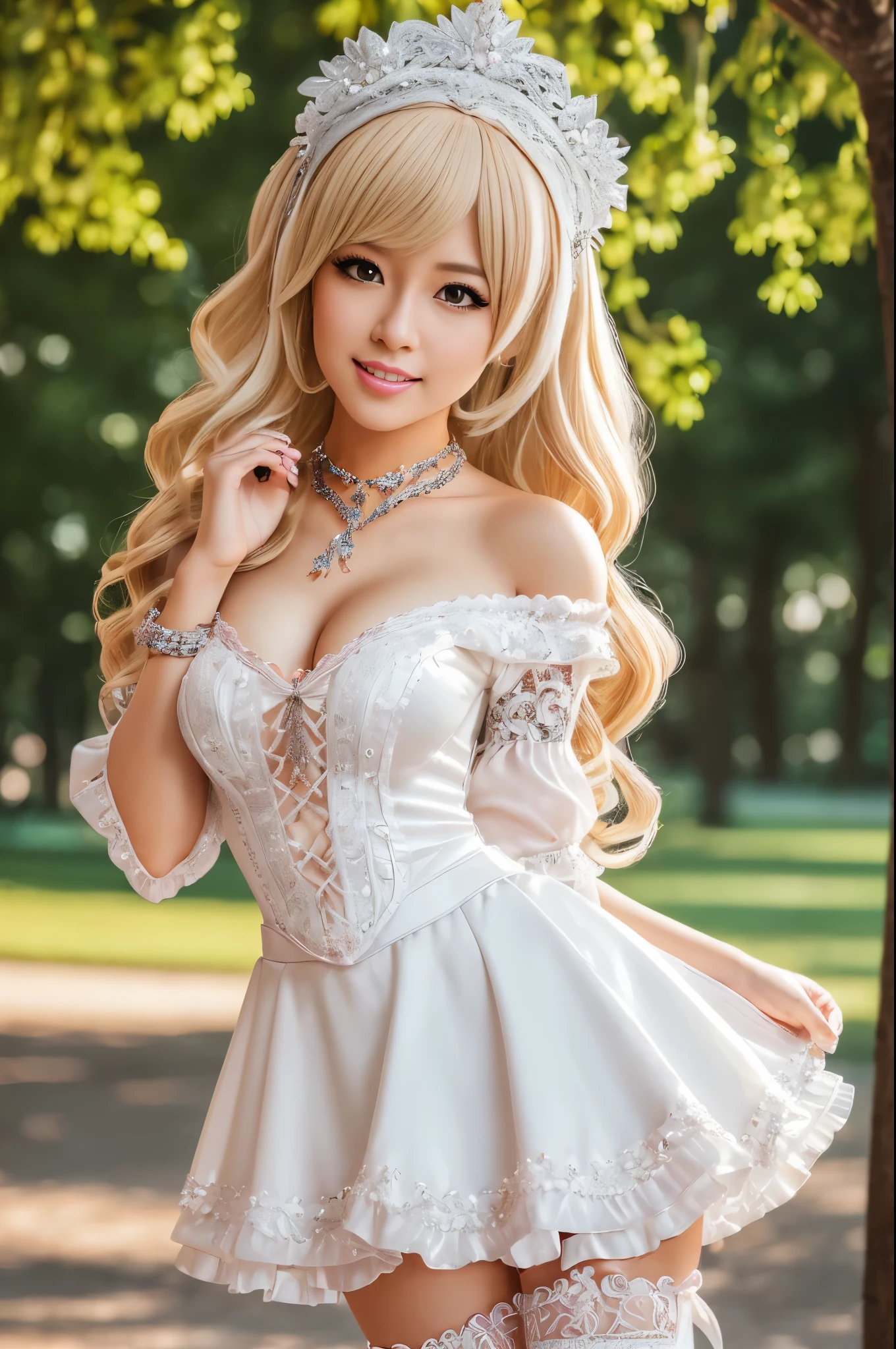 ((Best quality, 8k, Masterpiece, Sharp focus, 35mm lens, f/0.8, amazing beautiful perfect figure :1.4)), side lighting, sexy stylish Swedish model, ((big smile)), ((doll-like appearance)), ((beautiful detailed Victorian-Style boots)), Highly detailed face and skin texture:1.2, Detailed black eyes:1.2, super detailed skin, shiny skin:1.2, Blushing , beautiful detailed makeup:1.2, high-fidelity bangs, brilliant light blonde long random hairstyle, ((sexy Paradise Kiss cosplay)), bell-shaped skirt, petticoats, high neckline, puffed sleeves, (( ultra detailed lace)), ((ultra detailed embroidery)), intricate details, Paradise Kiss accessoires and matching headpiece, choker, ((large sparkling Paradise Kiss jewelry)), cinematic light, detailed large park background with trees