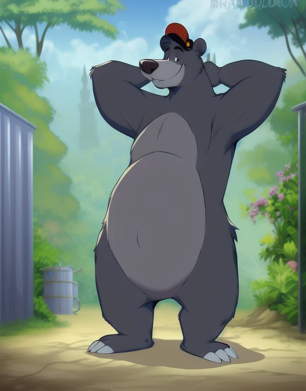 (((detailed eyes, detailed face))), (feral, baloo bear, no human), male, (solo), (plump), (nude, topless), standing, arms behind back, smile, using a black bowler hat, (by bna_v5, by inkudoragoon, by kicktyan), factory industry background, light environment, soft shading, 8k, UHD, masterpiece