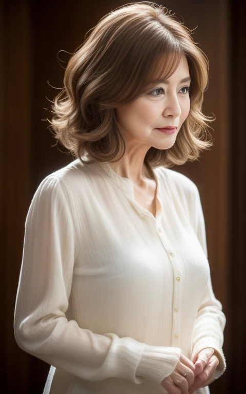masterpiece,highest quality, (1 mature woman), 60 years old、((Portraiture:1.5)), ((Looking down, Looking at the audience)), compensate, Elegant blouse, short hair、Wavy Hair, ((He pouted.)),