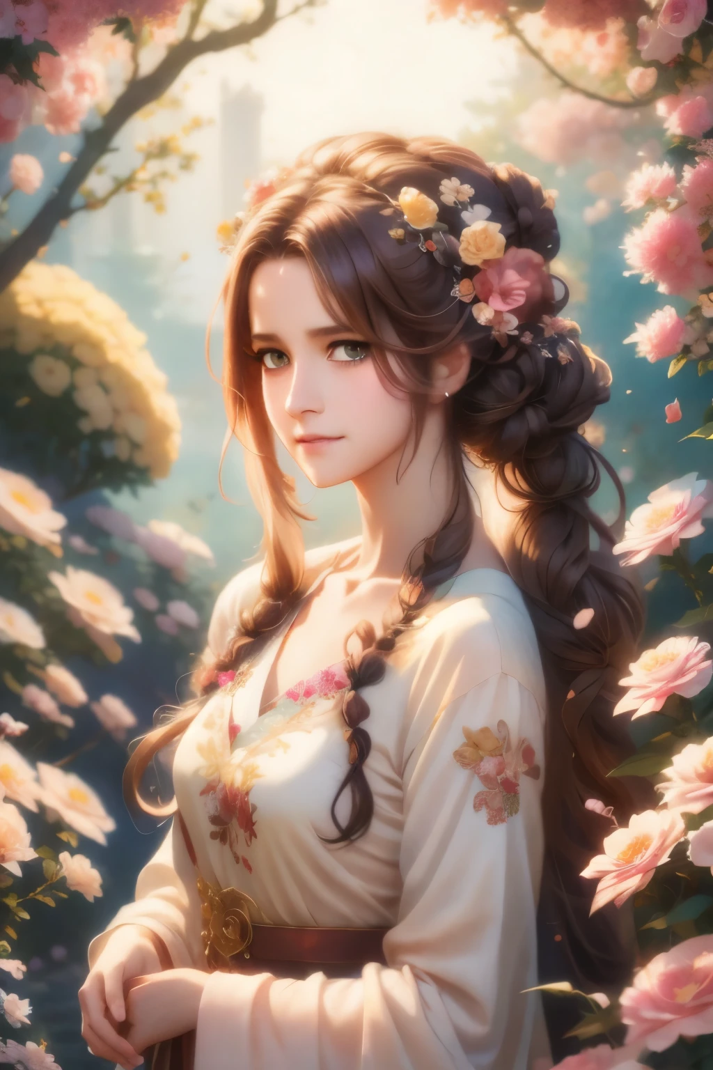 anime - style girl with long hair and flowers in her hair, cute anime waifu in a nice dress, beautiful anime girl, cute detailed digital art, beautiful anime portrait, guweiz on pixiv artstation, artwork in the style of guweiz, guweiz on artstation pixiv, detailed digital anime art, anime style 4 k