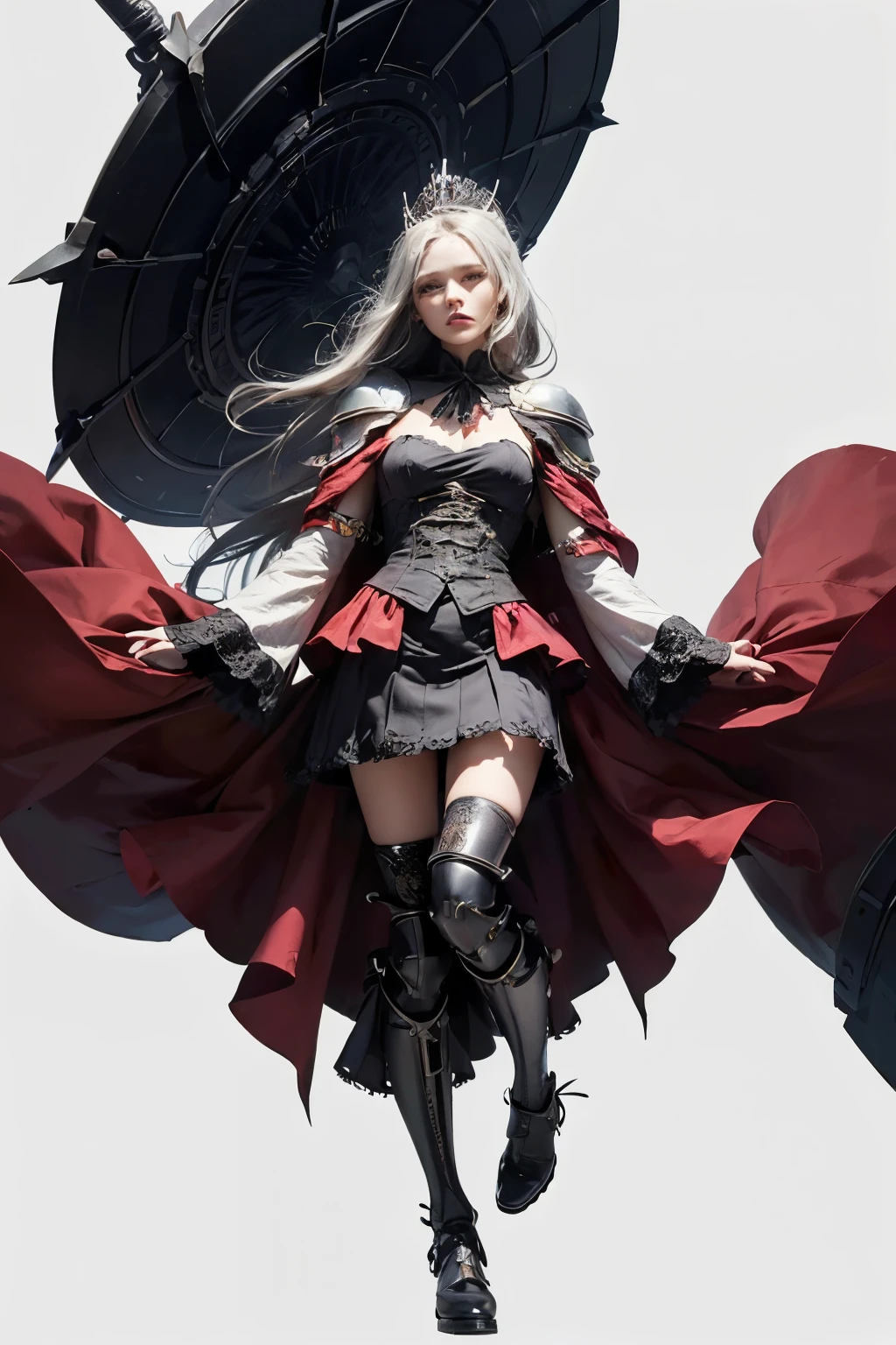 mpts
Copy
(((masutepiece, of the highest quality, super detailed))), a knight, white background, plain background, Bloodborne inspired, Bloodborne, occult aesthetic, occult, Complex mechanical cyborg girl, Skeleton body, red and white clothing detailed and intricate steampunk and detailed gothic lolita (with a hood), diadems, very thin long legs, Complex mechanical boots above the knee, Fluttering lace flared mini skirt, beautiful small breasts directed upwards, (((( Highly detailed face))), small thin nose, Small thin lips mouth, (((Very sharp focused eyes))), Very large slit precision pale grey eyes that shine like jewels. very long eyelashes, Silver hair swaying in the wind, Emitting a dazzling light in a mandala pattern, white background, Very dramatic and cinematic lighting, red and white clothing, full body, whole body, body, cosmic horror