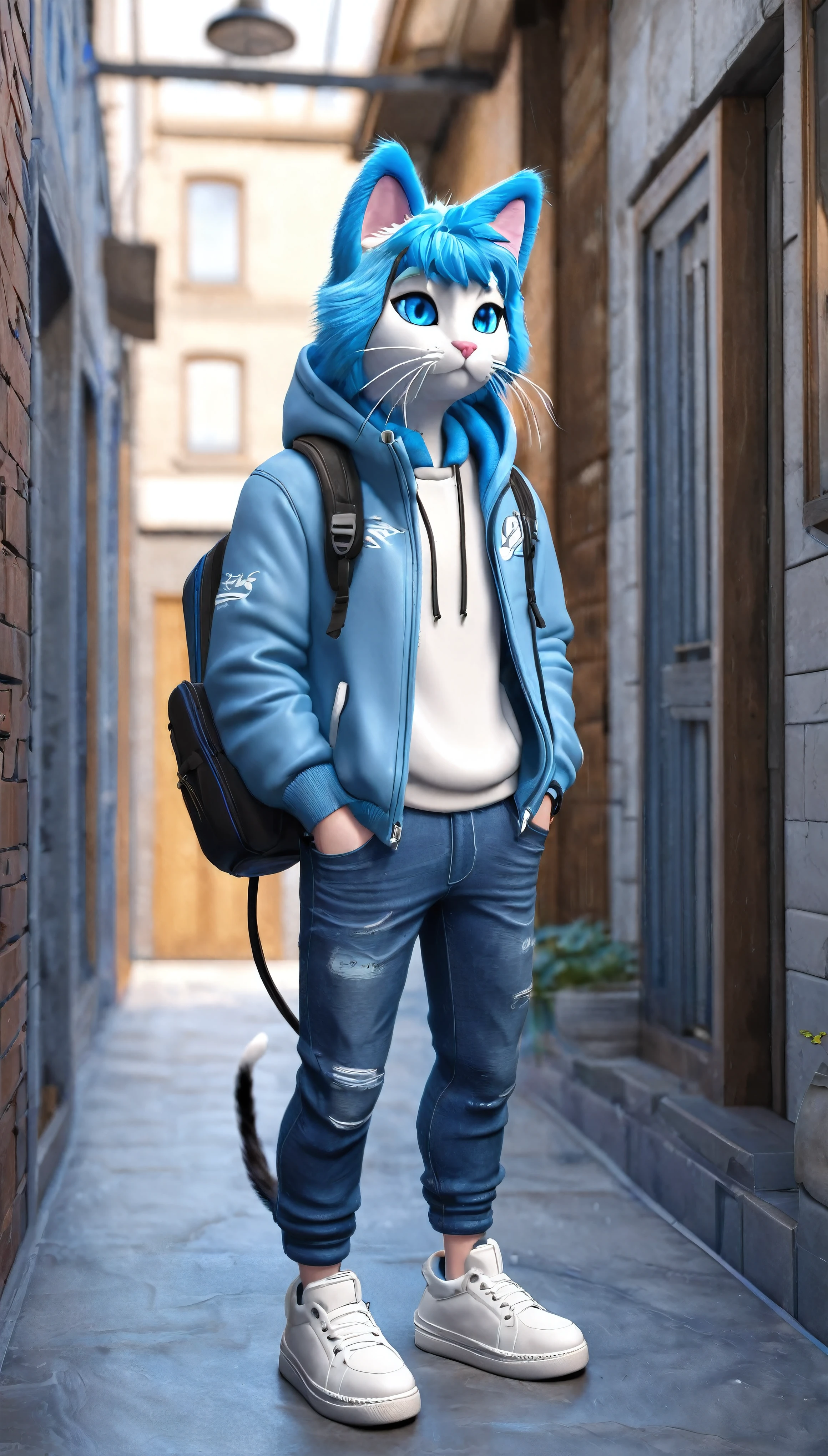 One 3d cat, blue_eyes, solo, male_focus, hood, headphones, furry, jacket, shoes, furry_male, animal_ears, shirt, tail, whiskers, bag, pants, blue_jacket, sneakers, hoodie, blue_pants, denim, full_body, standing, clothes_writing, jeans, backpack