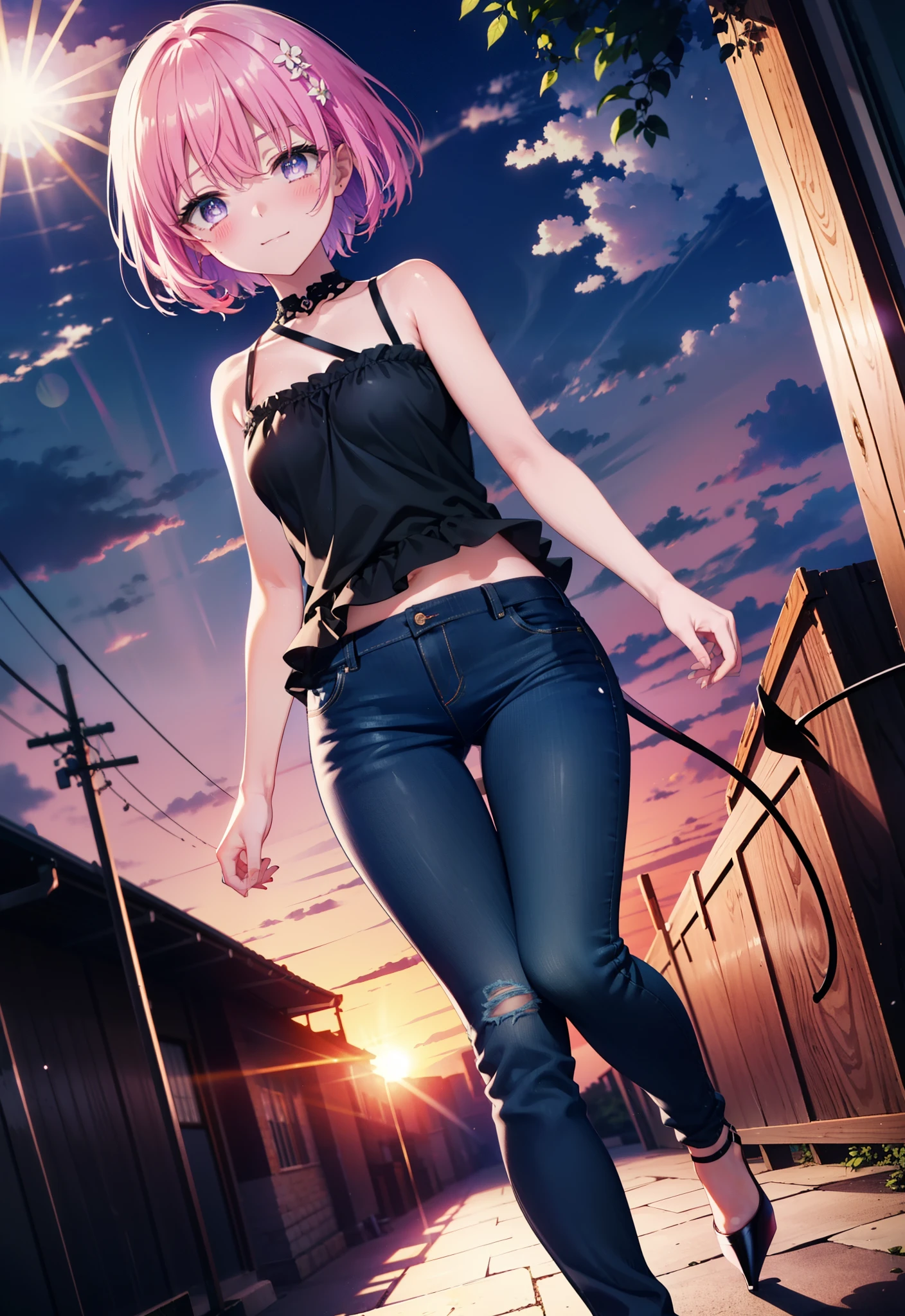 Momodebilke, A type of Deviluke, demon tail, Hair Flowers, hair ornaments, (Purple eyes:1.1), Pink Hair, short hair, tail, smile,
break demon tail, Cordo shoulder top,Skinny jeans,Stiletto heels,morning,morning陽,The sun is rising,Walking,whole bodyがイラストに入るように, break outdoors, 公園 break looking at viewer, whole body, break (masterpiece:1.2), highest quality, High resolution, unity 8k wallpaper, (figure:0.8), (beautiful detailed eyes:1.6), extremely detailed face, Perfect lighting, extremely detailed CG, (Perfect hands, Perfect Anatomy),