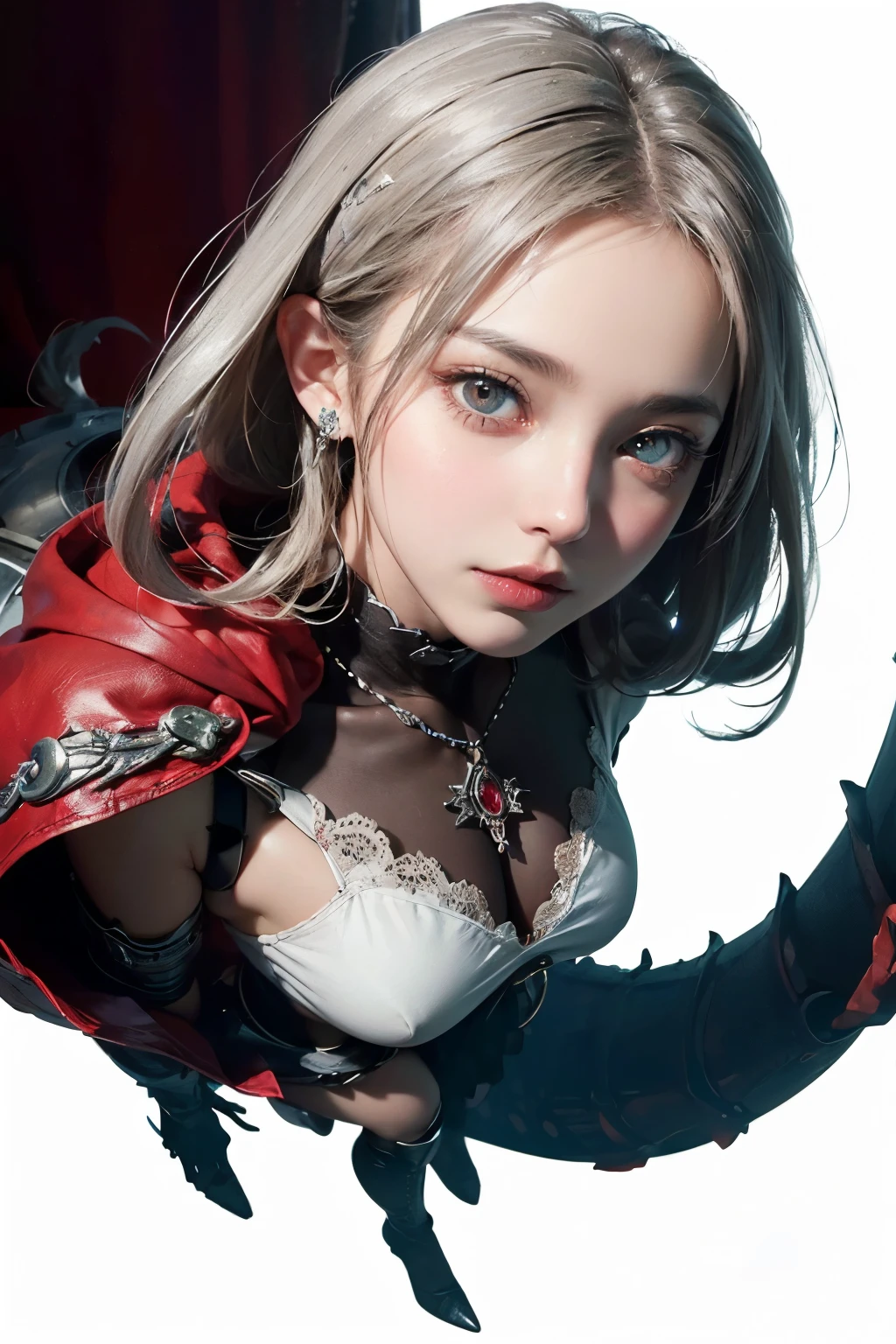 mpts
Copy
(((masutepiece, of the highest quality, super detailed))), a knight, white background, plain background, Bloodborne inspired, Bloodborne, occult aesthetic, occult, Complex mechanical cyborg girl, Skeleton body, red and white clothing detailed and intricate steampunk and detailed gothic lolita (with a hood), diadems, very thin long legs, Complex mechanical boots above the knee, Fluttering lace flared mini skirt, beautiful small breasts directed upwards, (((( Highly detailed face))), small thin nose, Small thin lips mouth, (((Very sharp focused eyes))), Very large slit precision pale grey eyes that shine like jewels. very long eyelashes, Silver hair swaying in the wind, Emitting a dazzling light in a mandala pattern, white background, Very dramatic and cinematic lighting, red and white clothing, full body, whole body, body, cosmic horror