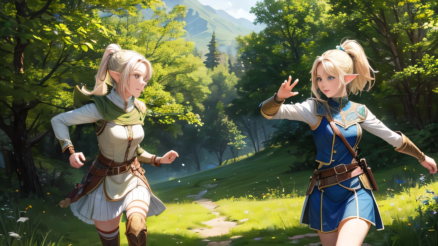 girl standing alone, elf, smile, adventurer, adventurer cloth, green eyes, meadow, day, running pose, ponytail, blonde hair, 8k, realistic light, best quality, masterpiece