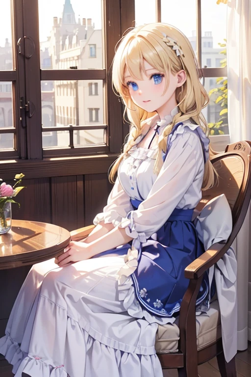 masterpiece, highest quality, High resolution, 47-year-old woman、blue eyes、
blonde, Braiding、Crimson frill dress、Long skirt、Western-style building、Sit by the window