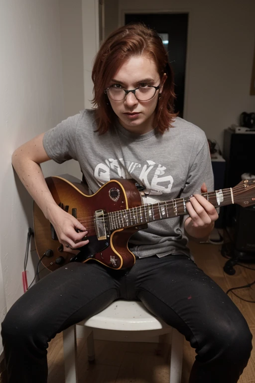 ((Boy with red hair; brown eyes; brown skin; black prescription glasses; wearing a gray shirt with the name AC/Dc; black pants; He is sitting with a guitar in his right hand; He is inside the room that is simple ; There are pictures of rock bands painted on the walls; teenage appearance  ))