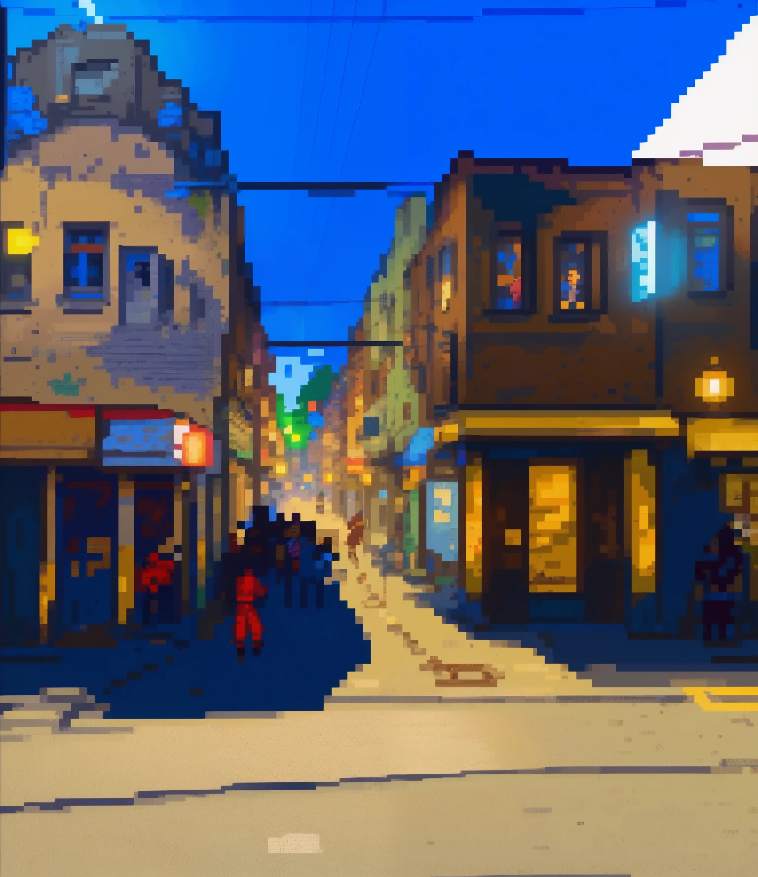 detailed graffiti, vibrant colors, urban life, bustling atmosphere, night scene, streetlights, harmonious blend of old and new architecture. (best quality, 4k, highres, pixel art, concept artists), [fight game background], [soft lighting], [nostalgic vibe] pixelart 