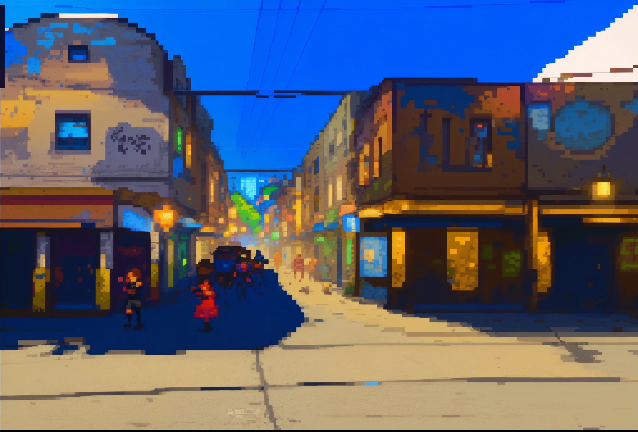 detailed graffiti, vibrant colors, urban life, bustling atmosphere, night scene, streetlights, harmonious blend of old and new architecture. (best quality, 4k, highres, pixel art, concept artists), [fight game background], [soft lighting], [nostalgic vibe] pixelart 
