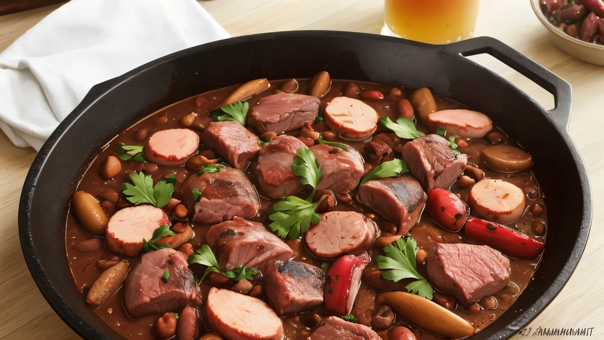 feijoada colorida com muita carne em uma mesa bem arrumada com acompanhamentos