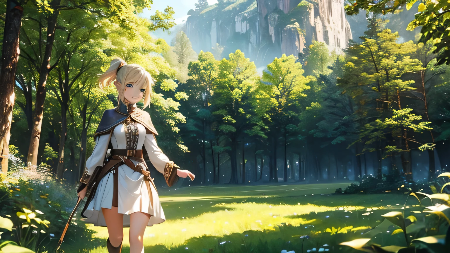 girl standing alone, elf, smile, adventurer, adventurer cloth, green eyes, meadow, day, running pose, ponytail, blonde hair, 8k, realistic light, best quality, masterpiece