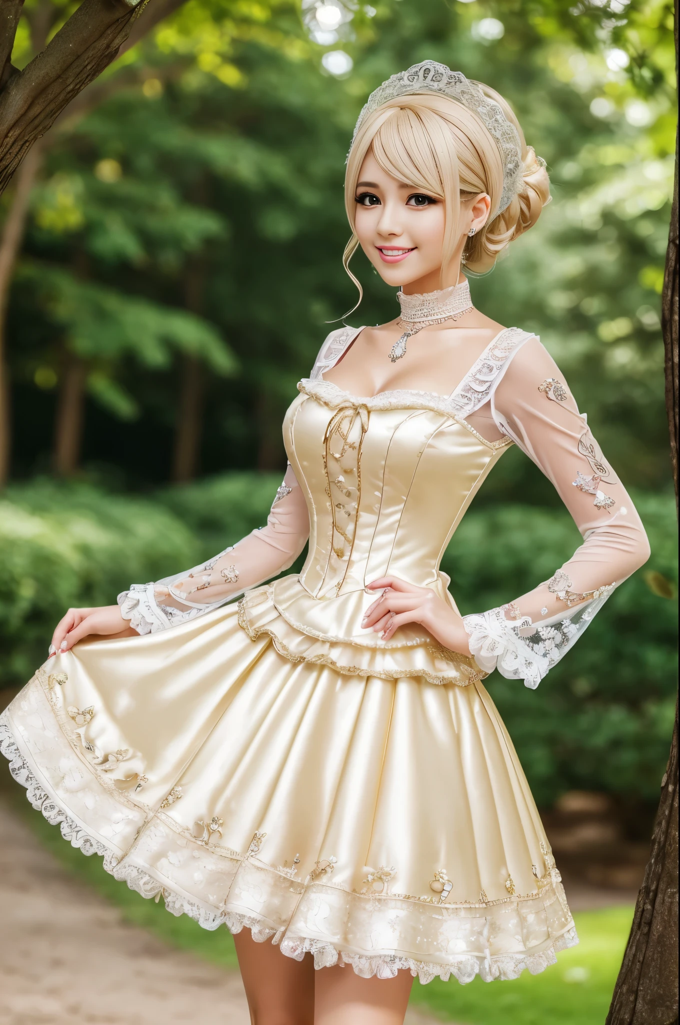 ((Best quality, 8k, Masterpiece, Sharp focus, 35mm lens, f/0.8, amazing beautiful perfect figure :1.4)), side lighting, sexy stylish model, ((big smile)), ((doll-like appearance)), ((beautiful detailed Victorian-Style boots)), Highly detailed face and skin texture:1.2, super detailed eyes:1.2, super detailed skin, shiny skin:1.2, blushing, long lashes:1.2, defined eyebrows:1.2, high-fidelity bangs, brilliant light blonde long random hairstyle, ((sexy Paradise Kiss cosplay)), bell-shaped skirt, petticoats, high neckline, puffed sleeves, (( ultra detailed lace)), ((ultra detailed embroidery)), intricate details, Paradise Kiss accessoires and matching headpiece, choker, ((large sparkling Paradise Kiss jewelry)), cinematic light, detailed large park background with trees