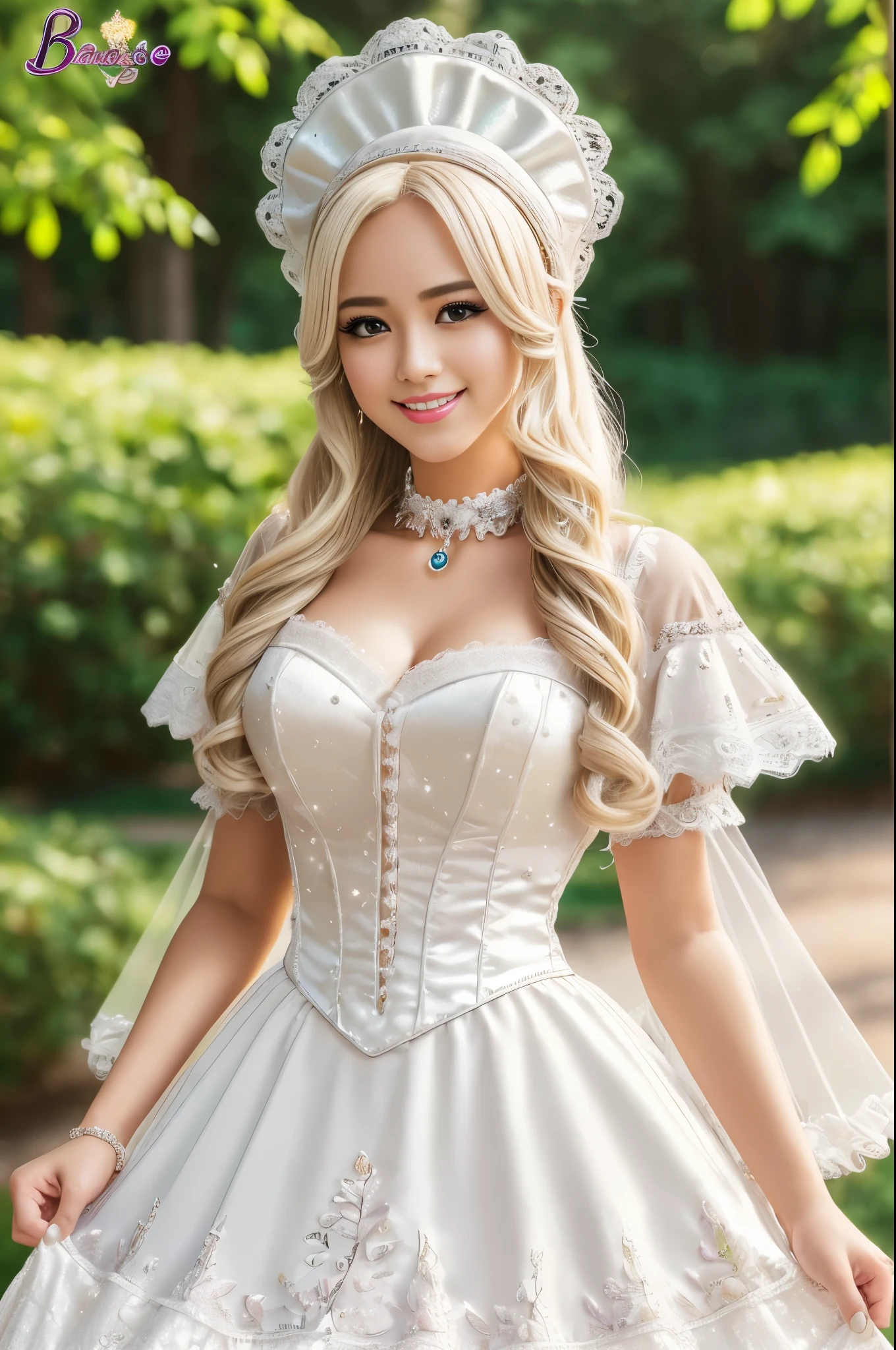 ((Best quality, 8k, Masterpiece, Sharp focus, 35mm lens, f/0.8, amazing beautiful perfect figure :1.4)), side lighting, sexy stylish model, ((big smile)), ((doll-like appearance)), ((beautiful detailed Victorian-Style boots)), Highly detailed face and skin texture:1.2, super detailed eyes:1.2, super detailed skin, shiny skin:1.2, blushing, long lashes:1.2, defined eyebrows:1.2, high-fidelity bangs, brilliant light blonde long random hairstyle, ((sexy Paradise Kiss cosplay)), bell-shaped skirt, petticoats, high neckline, puffed sleeves, (( ultra detailed lace)), ((ultra detailed embroidery)), intricate details, Paradise Kiss accessoires and matching headpiece, choker, ((large sparkling Paradise Kiss jewelry)), cinematic light, detailed large park background with trees 