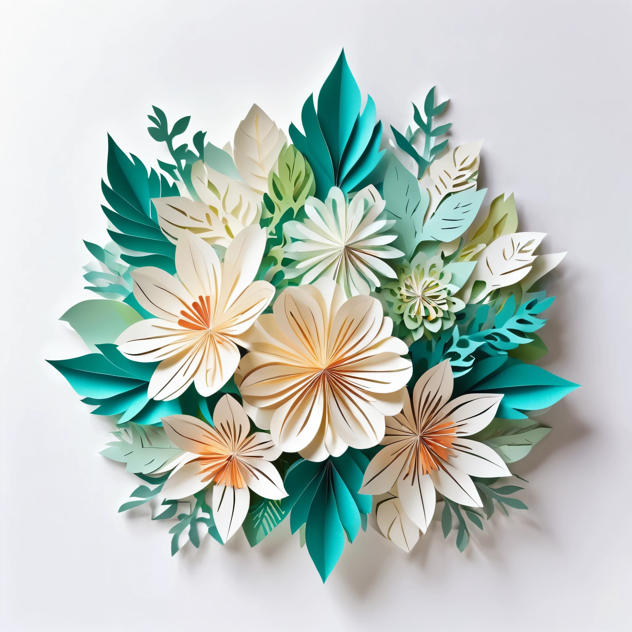 Design illustration of winter flowers bouquet, on a white background, centered in the scene, flowers with vegetation,frontal view, layeres paper design, kirigami style, detailed folds, vivid color palette, natural light, masterful craft, intrincated,4k, sharp focus, perfect paperfold, white background
