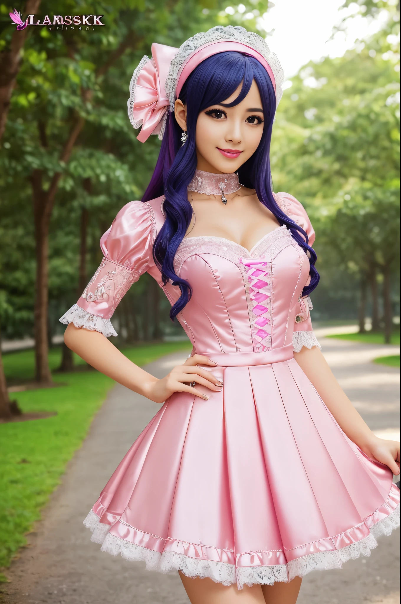 ((Best quality, 8k, Masterpiece, Sharp focus, 35mm lens, f/0.8, amazing beautiful perfect figure :1.4)), side lighting, sexy stylish model, ((big smile)), ((doll-like appearance)), ((shiny glossy Victorian-Style boots)), Highly detailed face and skin texture:1.2, super detailed eyes:1.2, super detailed skin, shiny skin:1.2, Blushing , long lashes:1.2, defined eyebrows:1.2, high-fidelity bangs, brilliant neon pink long random hairstyle, ((sexy Paradise Kiss cosplay)), bell-shaped skirt, petticoats, high neckline, puffed sleeves, (( ultra detailed lace)), ((ultra detailed embroidery)), intricate details, Paradise Kiss accessoires and matching headpiece, choker, ((large sparkling Paradise Kiss jewelry)), cinematic light, detailed large park background with trees