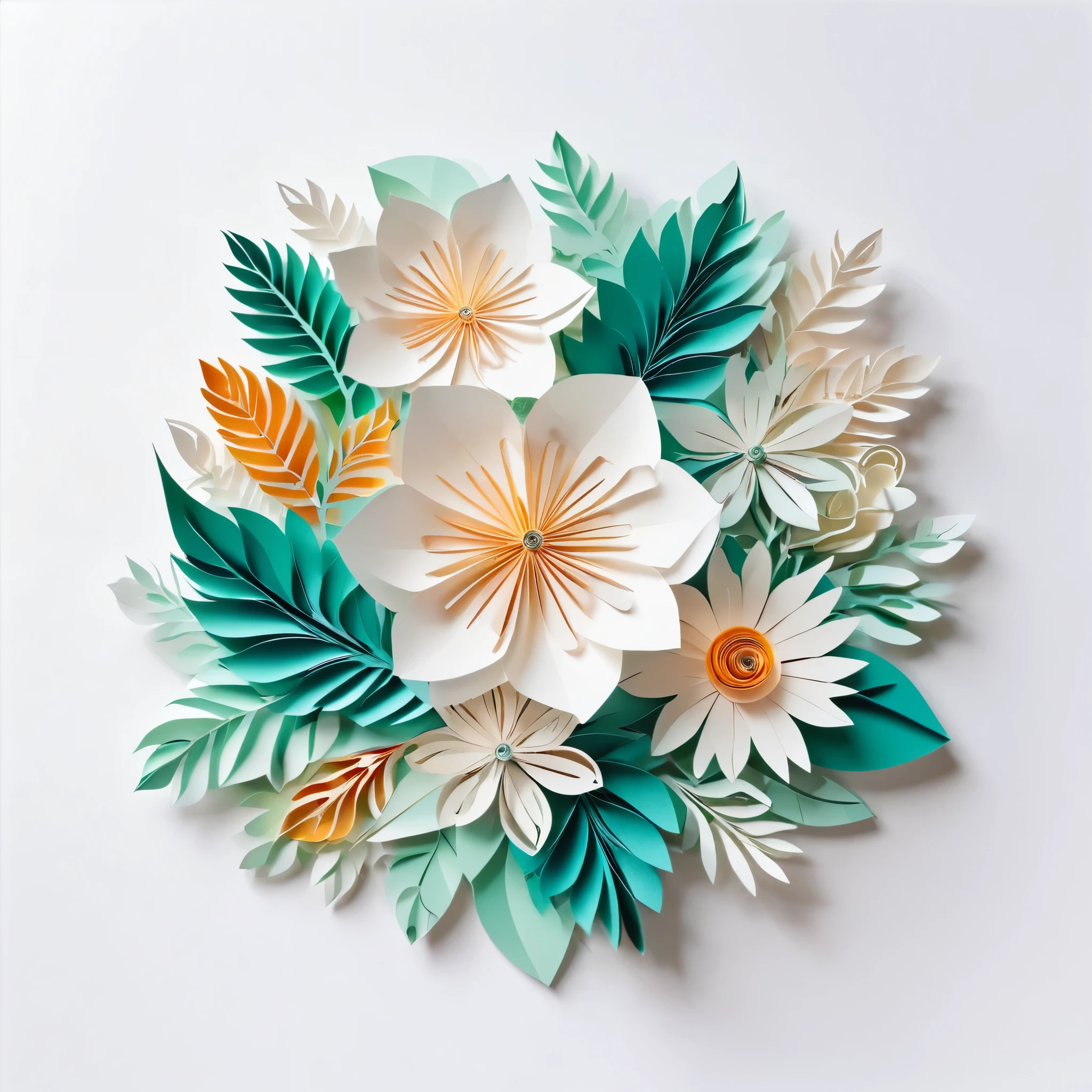 Design illustration of winter flowers bouquet, on a white background, centered in the scene, flowers with vegetation,frontal view, layeres paper design, kirigami style, detailed folds, vivid color palette, natural light, masterful craft, intrincated,4k, sharp focus, perfect paperfold, white background 