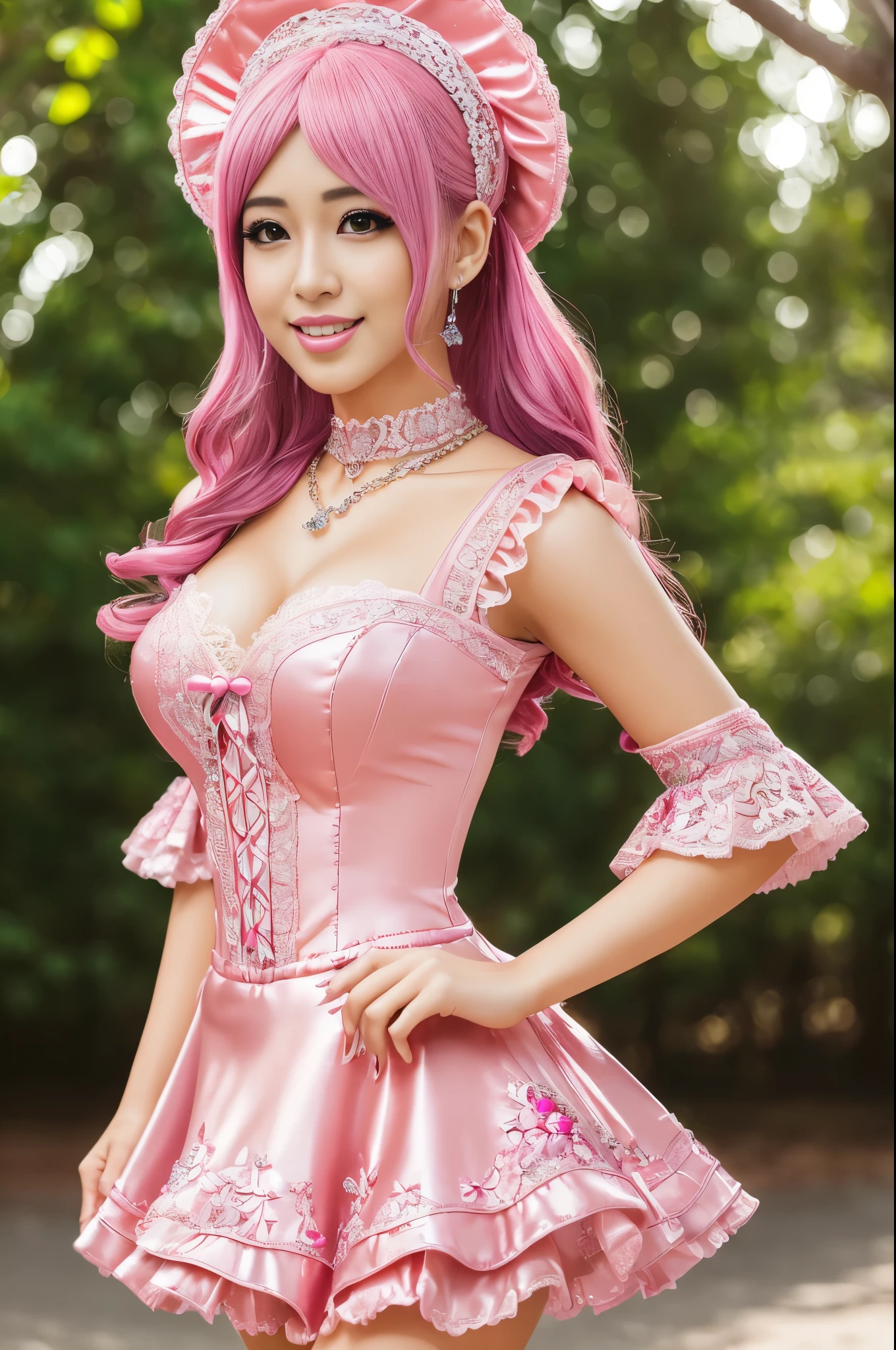 ((Best quality, 8k, Masterpiece, Sharp focus, 35mm lens, f/0.8, amazing beautiful perfect figure :1.4)), side lighting, sexy stylish model, ((big smile)), ((doll-like appearance)), ((shiny glossy Victorian-Style boots)), Highly detailed face and skin texture:1.2, super detailed eyes:1.2, super detailed skin, shiny skin:1.2, blushing, defined eyebrows:1.2, high-fidelity bangs, brilliant neon pink long random hairstyle, ((sexy Paradise Kiss cosplay)), bell-shaped skirt, petticoats, high neckline, puffed sleeves, (( ultra detailed lace)), ((ultra detailed embroidery)), intricate details, Paradise Kiss accessoires and matching headpiece, choker, ((large sparkling Paradise Kiss jewelry)), cinematic light, detailed large park background with trees
