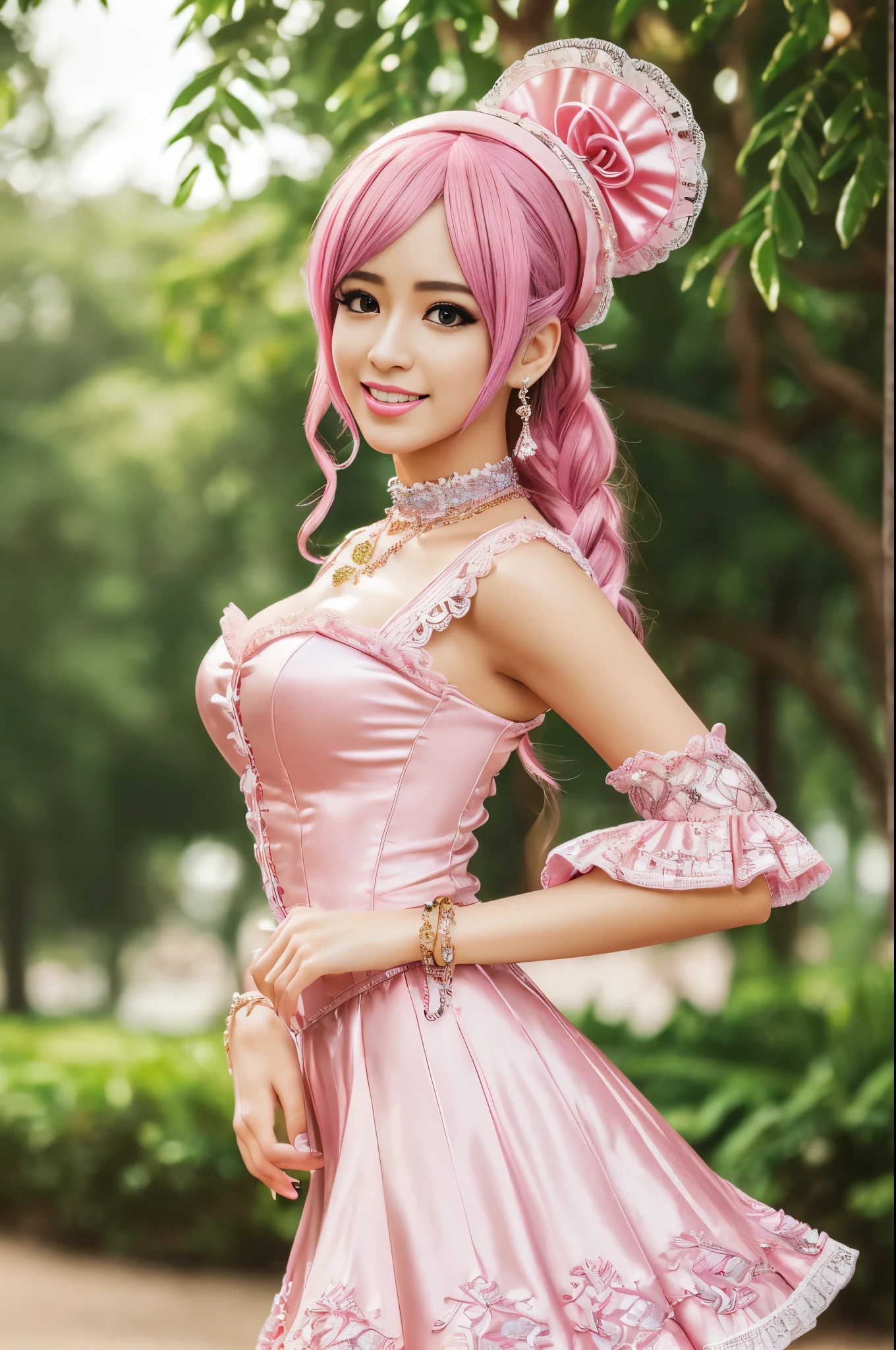 ((Best quality, 8k, Masterpiece, Sharp focus, 35mm lens, f/0.8, amazing beautiful perfect figure :1.4)), side lighting, sexy stylish model, ((big smile)), ((doll-like appearance)), ((shiny glossy Victorian-Style boots)), Highly detailed face and skin texture:1.2, super detailed eyes:1.2, super detailed skin, shiny skin:1.2, blushing, defined eyebrows:1.2, high-fidelity bangs, brilliant neon pink long random hairstyle, ((sexy Paradise Kiss cosplay)), bell-shaped skirt, petticoats, high neckline, puffed sleeves, (( ultra detailed lace)), ((ultra detailed embroidery)), intricate details, Paradise Kiss accessoires and matching headpiece, choker, ((large sparkling Paradise Kiss jewelry)), cinematic light, detailed large park background with trees
