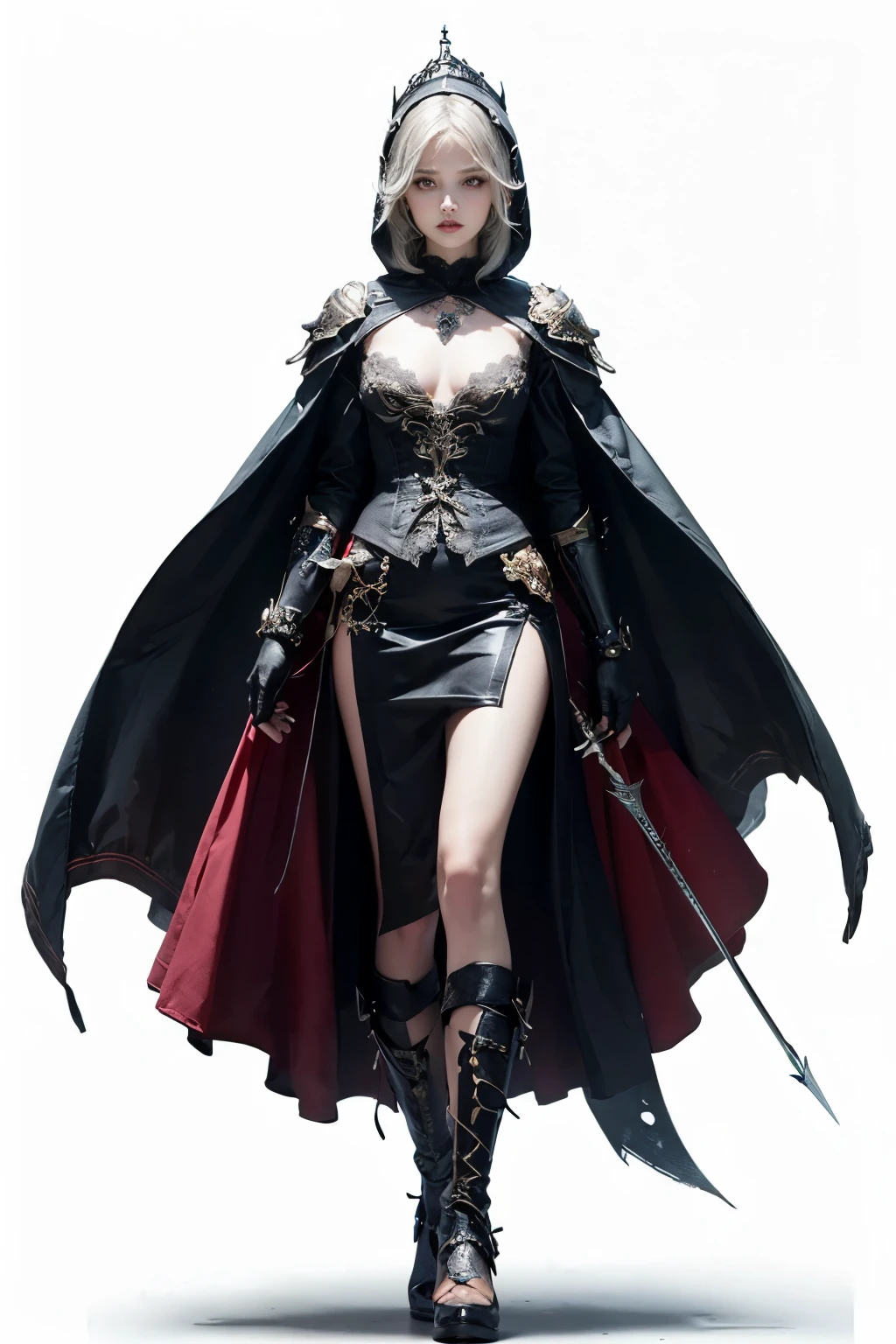 mpts
Copy
(((masutepiece, of the highest quality, super detailed))), a knight, white background, plain background, Bloodborne inspired, Bloodborne, occult aesthetic, occult, Complex mechanical cyborg girl, Skeleton body, red and white clothing detailed and intricate steampunk and detailed gothic lolita (with a hood), diadems, very thin long legs, Complex mechanical boots above the knee, Fluttering lace flared mini skirt, beautiful small breasts directed upwards, (((( Highly detailed face))), small thin nose, Small thin lips mouth, (((Very sharp focused eyes))), Very large slit precision pale grey eyes that shine like jewels. very long eyelashes, Silver hair swaying in the wind, Emitting a dazzling light in a mandala pattern, white background, Very dramatic and cinematic lighting, red and white clothing, full body, whole body, body, cosmic horror