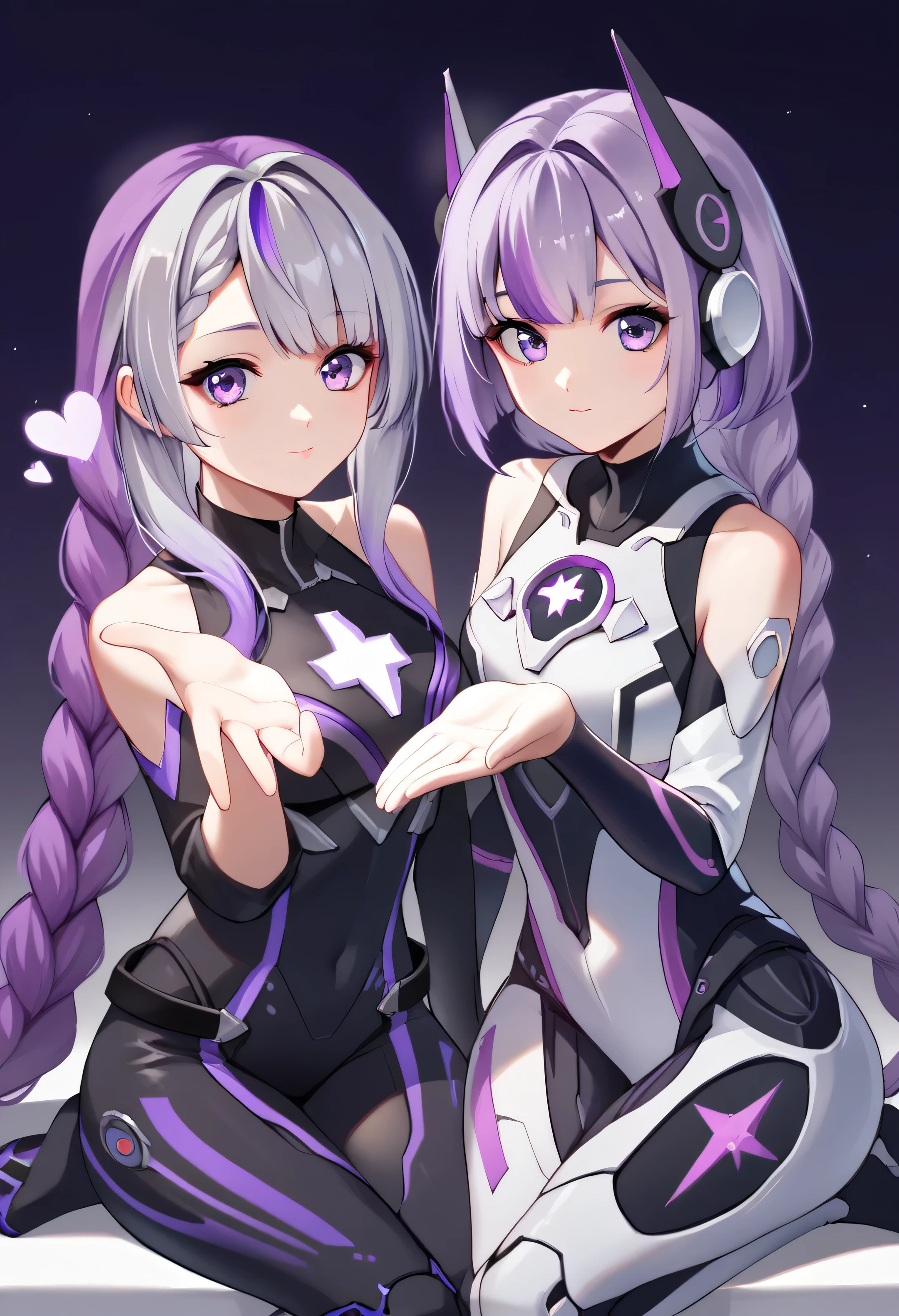 score_9, score_8_up, score_7_up, score_6_up, score_5_up, score_4_up, source_anime, rating_safe, 2girls, (purple streak), purple streak hair, purple hair, (purple eyes), well-aligned eyes, extremely detailed face, very long hair, grey hair, braided ponytail, purple white gradient hair, two girls sitting, side by side, (wearing cyber suit, mechanical bodysuit, cyber helmet), bare shoulders, breastplate, (energy disk on chest), (blowing kiss, heart), better hands, perfect hands, detailed fingers, covered body: 1.1, colored cyber suit, (white and purple gradient hair, braided ponytail, hair ornaments, simple bangs, asymmetrical bangs), double eyelids, joy expression, :o, lips together, closed mouth, cute expression, low lighting, cinematic lighting, night, sunset, (simple background)