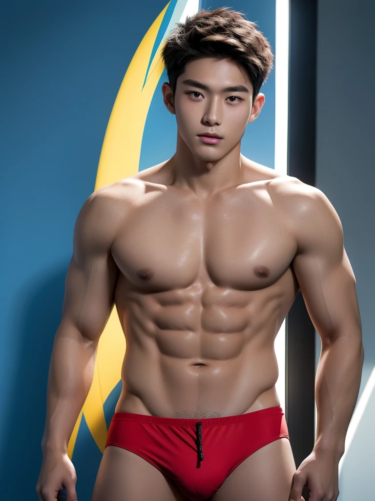 Korean, ager, boomerang swimwear, speedo ,.whole body , realistic handsome Korean face , natural muscles , beardless face、masterpiece、A high resolution、hyperrealism、detailed face、solo、a men、glowing skin、(Asian)、(young、teen)、Handsome、detailed background、Handsome