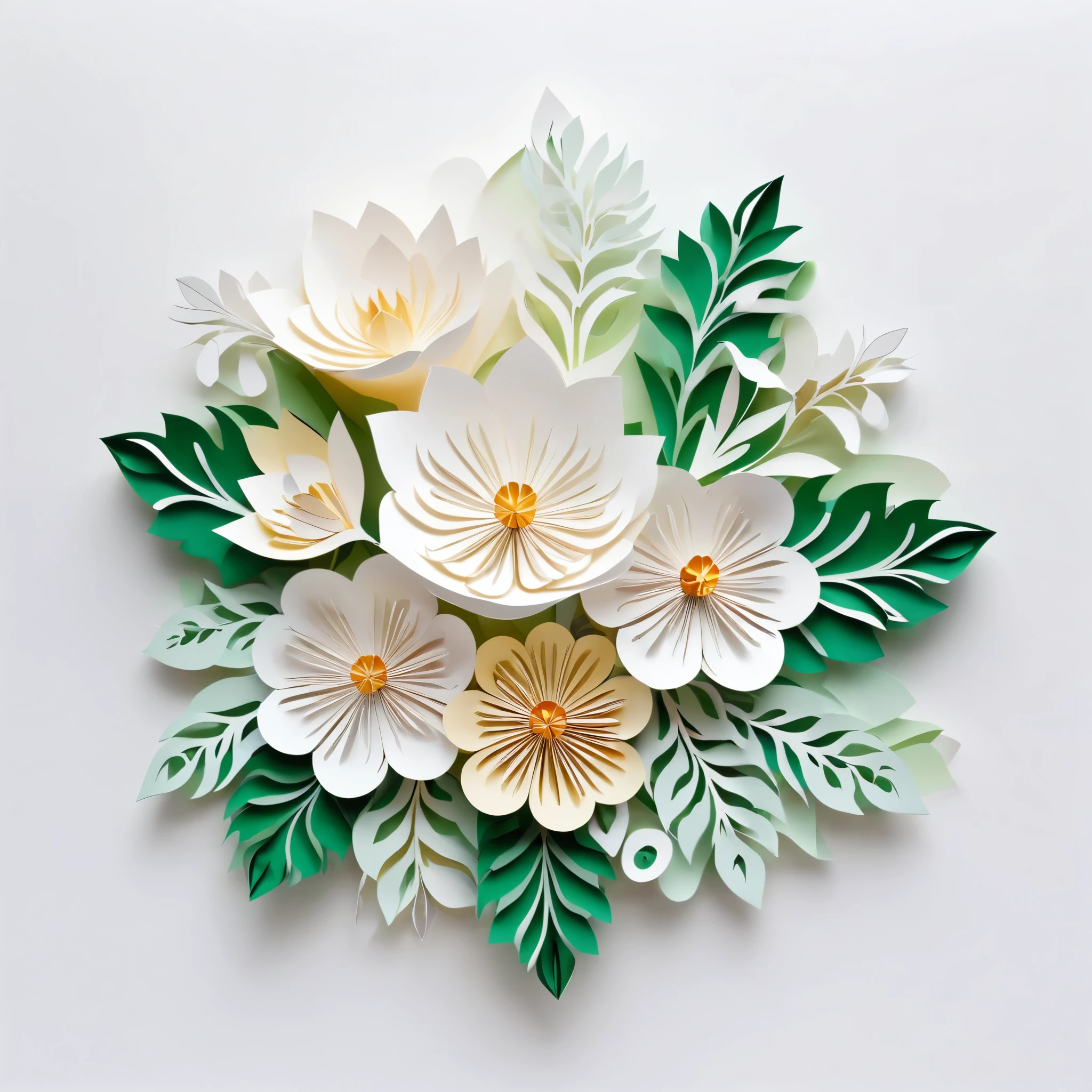 Design illustration of winter flowers bouquet, on a white background, centered in the scene, flowers with vegetation,frontal view, layeres paper design, kirigami style, detailed folds, ( color palette: 0081A7, 00AFB9, FDFCDC,FED9B7,F07167), natural light, masterful craft, intrincated,4k, sharp focus, perfect paperfold, white background