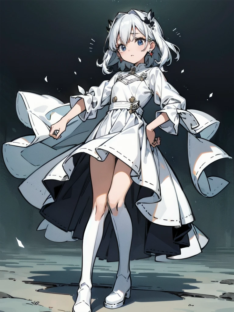 fluttery white dress, coat, black boots, absurdres, RAW photo, extremely delicate and beautiful, masterpiece, Best Quality, ultra high resolution, 32k, hyperrealistic, ultra-detailed, perfect figure, tearful mole, earring, whole body shot, short medium hair, wavy hair,