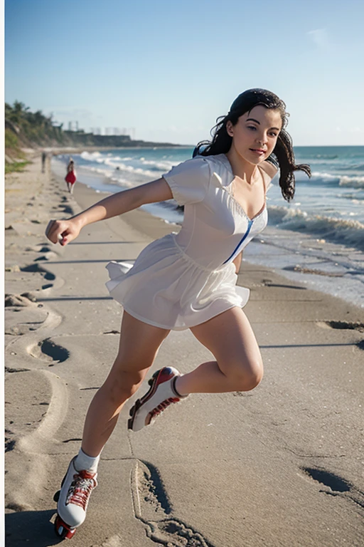 snow white running on roller skates along the beach