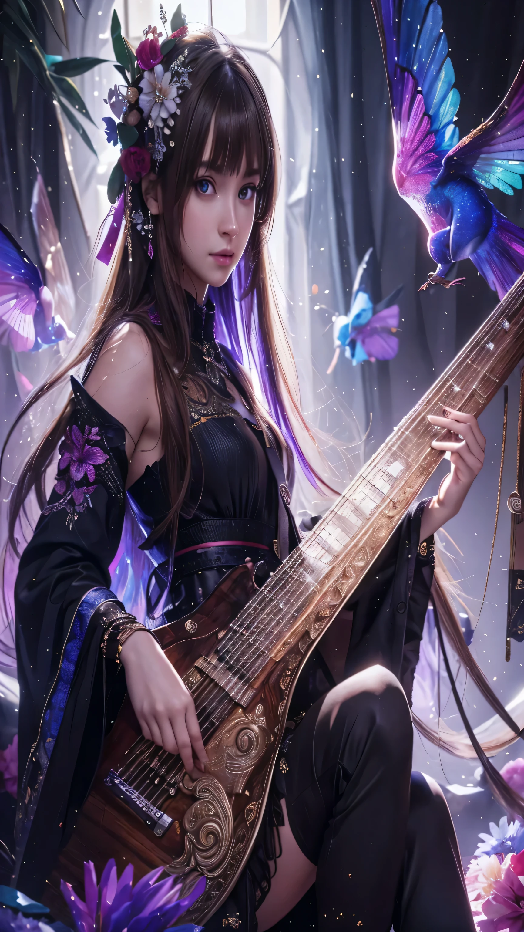 best quality, masterpiece:1.2), ultra high res, realistic, front lighting, intricate detail, Exquisite details and textures, 1girl, solo, face highlight, upper body, detailed face, ponytail, looking at viewer, Mmasterpiece, {extremely detailed CG unity 8k wallpaper}, Amazing, finely detail, solo, detailed background, beautiful detailed eyes, cleavage, bright pupils, {{full body}, }, dynamic pose, looking at viewer, detailed clothes, cinematic lighting, close-up, best quality, Masterpiece quality, best quality, high_quality, high_resolution, masterpiece*portait, whitespace, colorful, 1girl, solo, black_hair, prism hair, realistic eyes, realistic eyes, full_body, realistic hand, realistic finger, good finger, real texture, real image, serious, masterpiece realistic