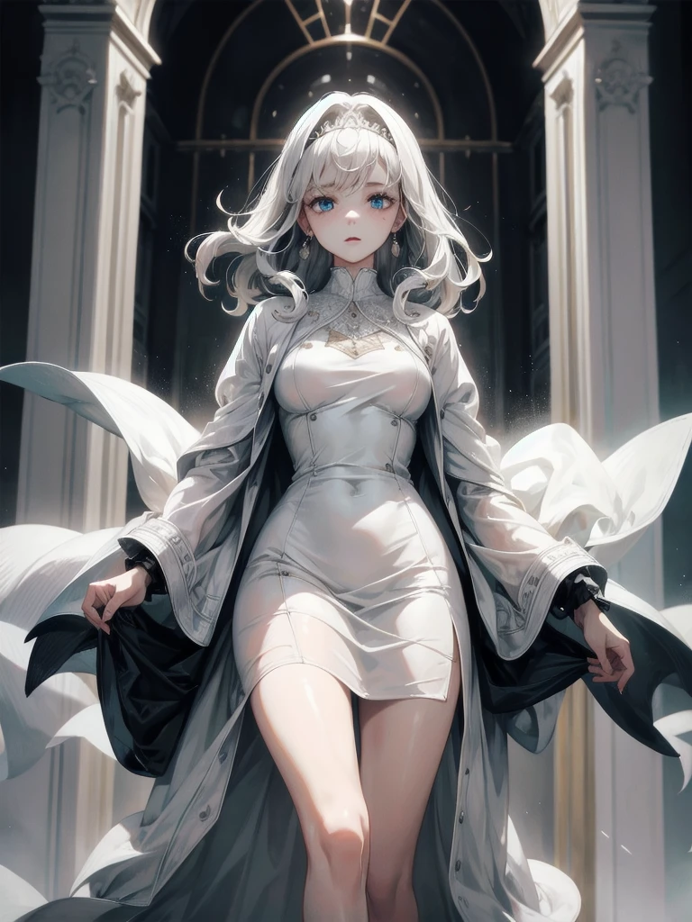 fluttery white dress, coat, black boots, absurdres, RAW photo, extremely delicate and beautiful, masterpiece, Best Quality, ultra high resolution, 32k, hyperrealistic, ultra-detailed, perfect figure, tearful mole, earring, whole body shot, short medium hair, wavy hair,