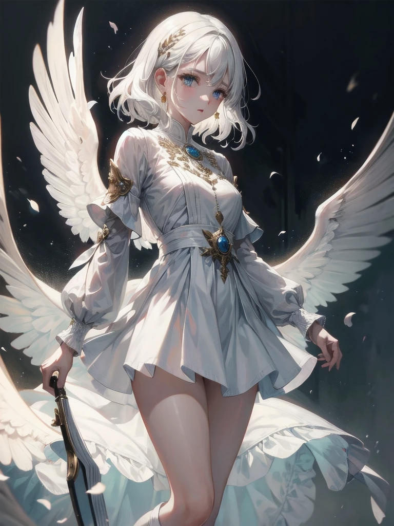 fluttery white dress, coat, black boots, absurdres, RAW photo, extremely delicate and beautiful, masterpiece, Best Quality, ultra high resolution, 32k, hyperrealistic, ultra-detailed, perfect figure, tearful mole, earring, whole body shot, short medium hair, wavy hair,
