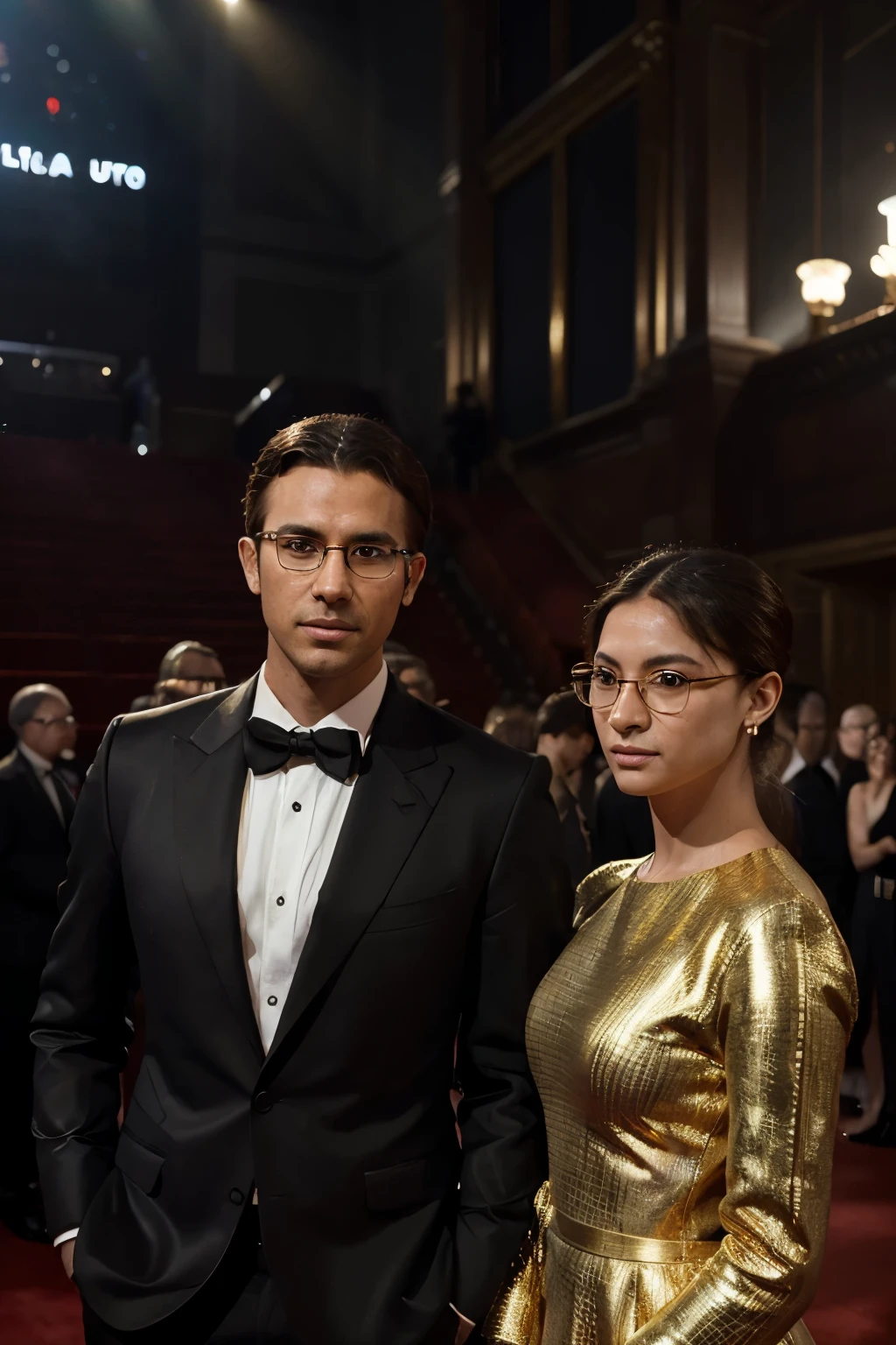 (Best quality, Ultra High Definition, Golden Ratio, Masterpiece: 1.3), Award-winning ceremony, Red carpet event, Elegant monochrome suit, Framed by soft natural lighting, (Glasses: 1.5), Sitting on the edge of the red carpet, Highly detailed textures, Volumetric highlights, Shallow depth of field, Backlight, Significant emphasis on the face, ( perfectly aligned: 1.2), HDR, Stylized digital aberration, Cinematic atmosphere, Attendants, Luxurious venue, Extravagance, Adoring fans in the background, (Posed: 0.7), Interact