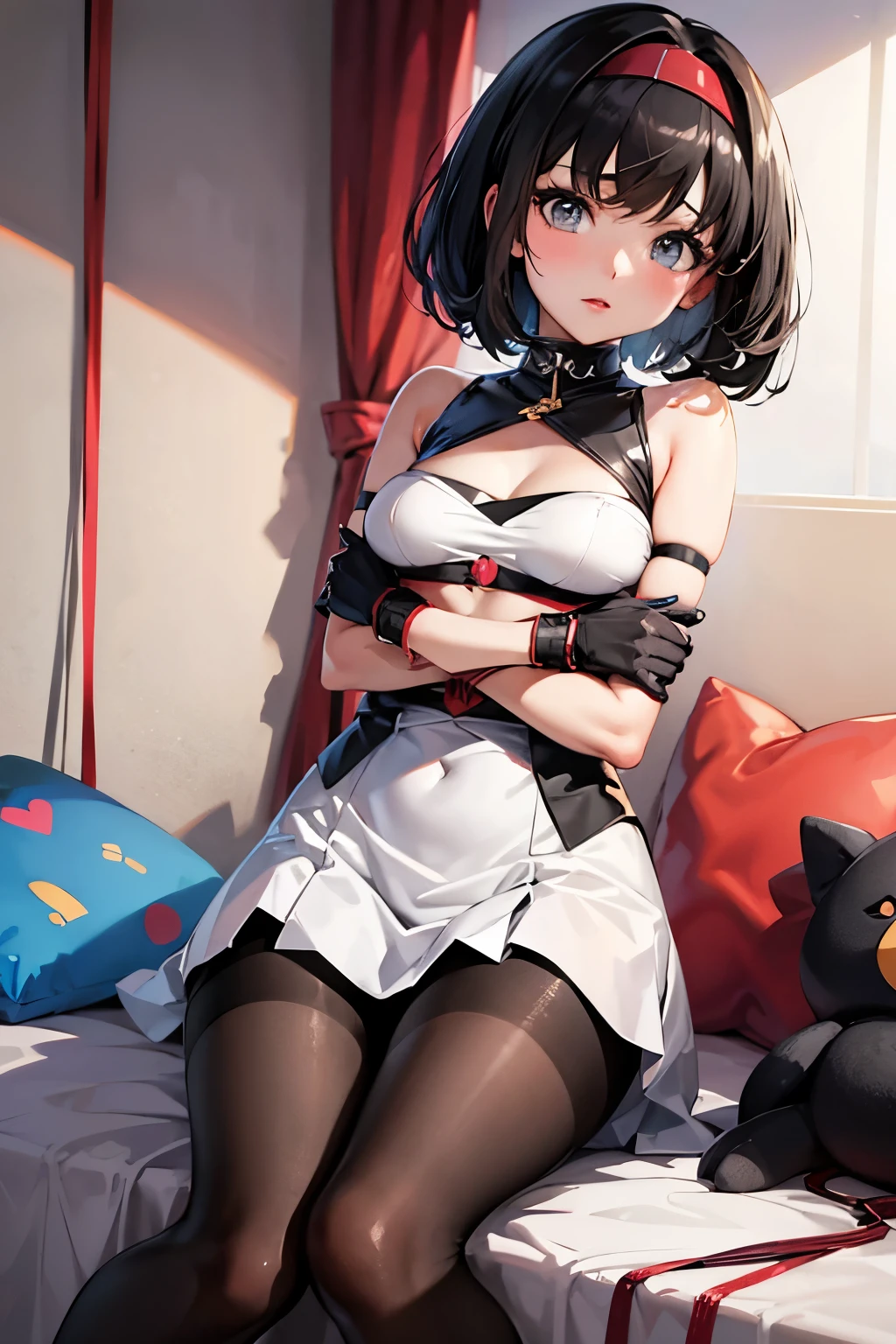 Erica、Pokémon、Black Hair、Short Hair、((pantyhose))、Photo from below、Medium chest、Bedroom、One girl、((Bondage))、Long gloves