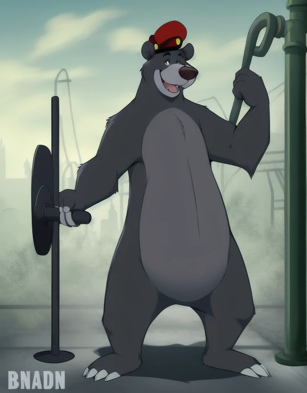 (((detailed eyes, detailed face))), (feral, baloo bear, no human), male, (solo), (plump), (nude, topless), standing, arms behind back, smile, using a black bowler hat, wearing black worker uniform, pulling a lever, (by bna_v5, by inkudoragoon, by kicktyan), factory industry and dark green polluted sky background, light environment, soft shading, 8k, UHD, masterpiece