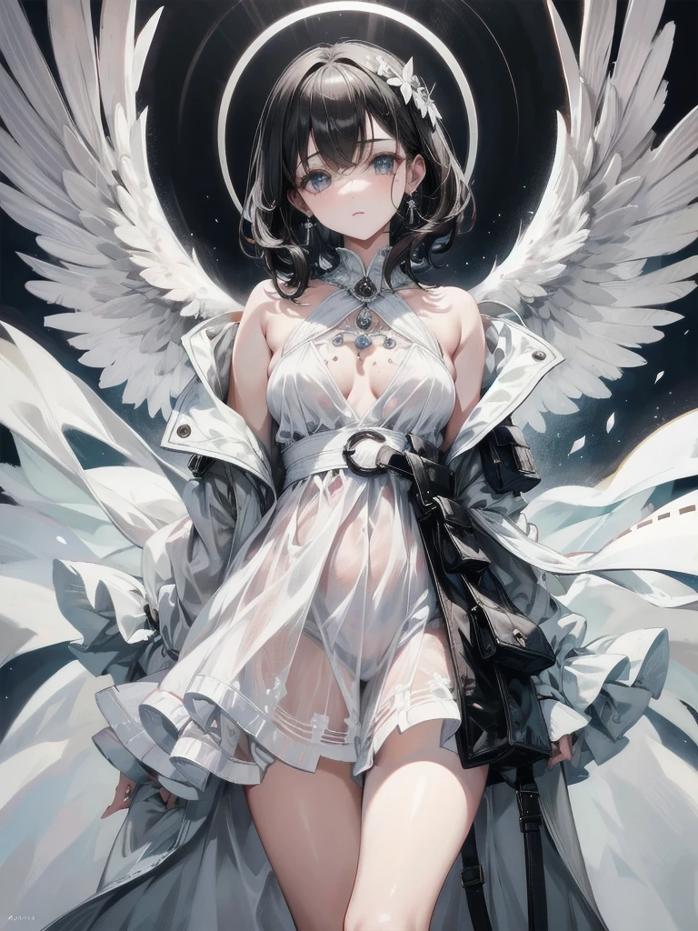 fluttery white dress, light blue trench coat, black boots, absurdres, RAW photo, extremely delicate and beautiful, masterpiece, Best Quality, ultra high resolution, 32k, hyperrealistic, ultra-detailed, perfect figure, tearful mole, earring, whole body shot, short medium hair, wavy hair,