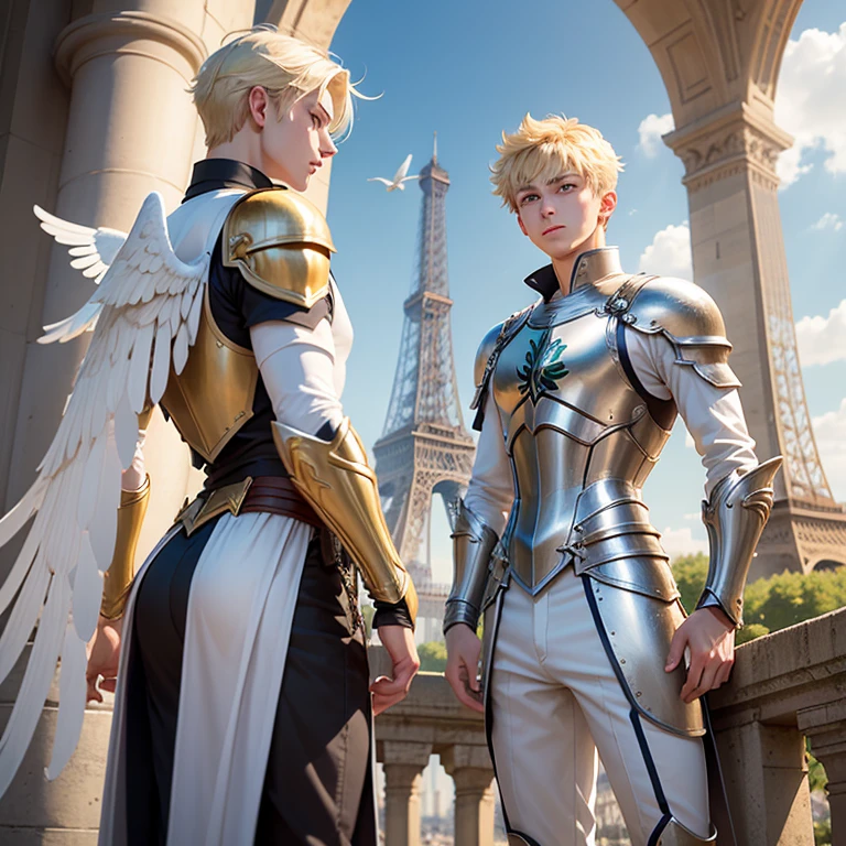 a young 20 year old age boy, with yellow blond hair, green eyes, white skin, thin, tall, with white Swan armor with wings like knights of the zodiac, in the city of Paris in France with the eiffel tower in the background, in a beautiful and sunny day. In the miraculous ladybug anime style.