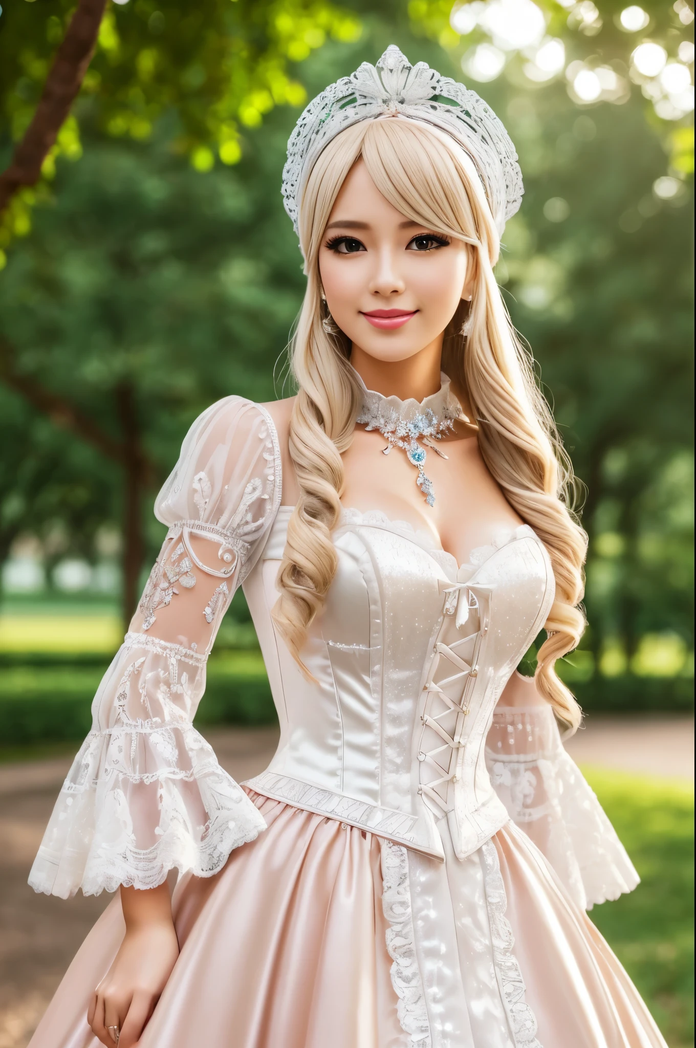 ((Best quality, 8k, Masterpiece, Sharp focus, 35mm lens, f/0.8, amazing beautiful perfect figure :1.4)), side lighting, sexy stylish model, ((big smile)), ((doll-like appearance)), ((beautiful detailed Victorian-Style boots)), Highly detailed face and skin texture:1.2, super detailed eyes:1.2, super detailed skin, shiny skin:1.2, blushing, long lashes:1.2, defined eyebrows:1.2, high-fidelity bangs, brilliant light blonde long random hairstyle, ((sexy Paradise Kiss cosplay)), bell-shaped skirt, petticoats, high neckline, puffed sleeves, (( ultra detailed lace)), ((ultra detailed embroidery)), intricate details, Paradise Kiss accessoires and matching headpiece, choker, ((large sparkling Paradise Kiss jewelry)), cinematic light, detailed large park background with trees
