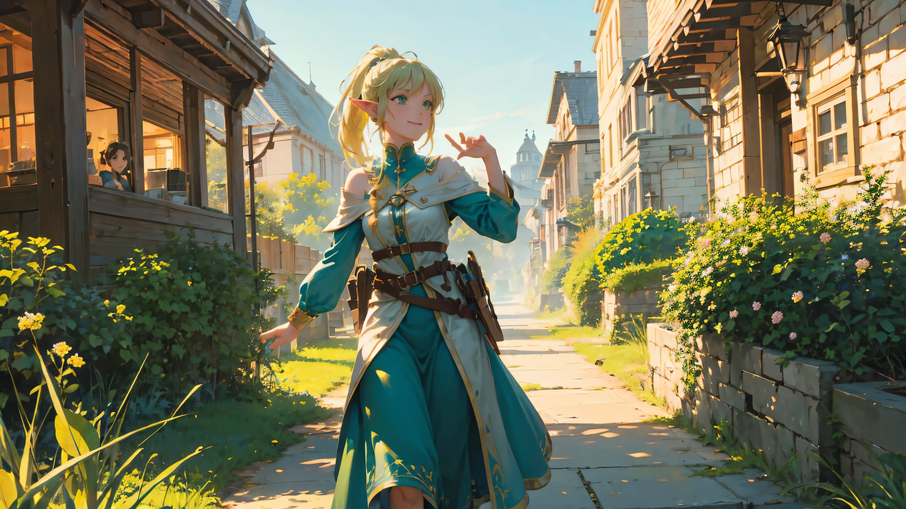 girl standing alone, elf, smile, adventurer, adventurer cloth, green eyes, meadow, day, running pose, ponytail, blonde hair, 8k, realistic light, best quality, masterpiece