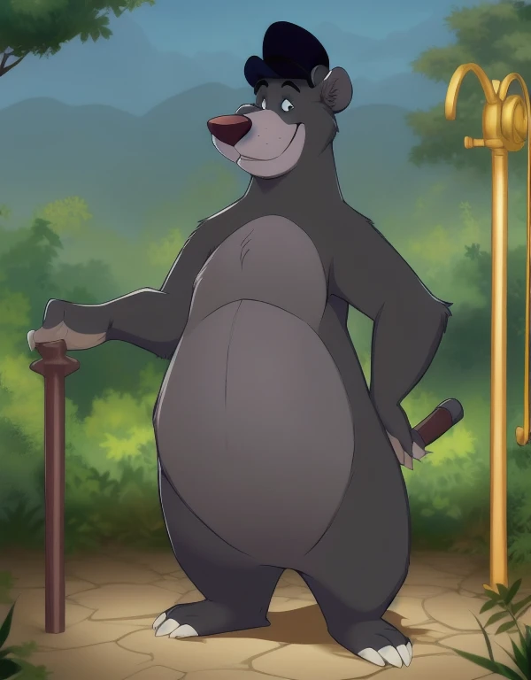 (((detailed eyes, detailed face))), (feral, baloo bear, no human), male, (solo), (plump), (nude, topless), standing, arms behind back, smile, using a black bowler hat 19th century, wearing black worker uniform, pulling a lever, (by bna_v5, by inkudoragoon, by kicktyan), factory industry and dark green polluted sky background, light environment, soft shading, 8k, UHD, masterpiece