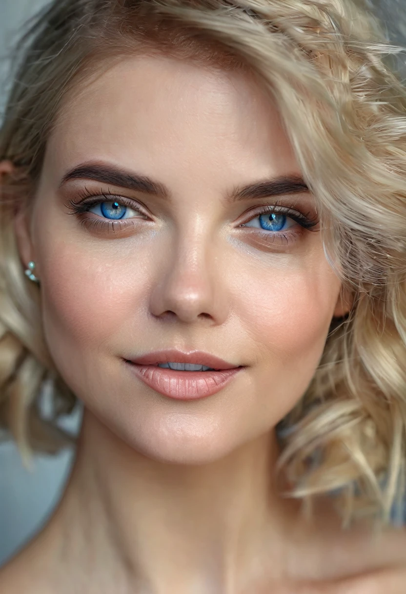 beautiful sensual woman face, (blonde hair:1.1), blue eyes, soft smooth skin, perfect makeup, glossy lips, shy smile, fine details, realistic lighting, 4k resolution, portrait mode, extremely detailed, extremely intricate,, (masterpiece, high quality, best quality:1.3), extremely detailed, extremely intricate, photorealistic,