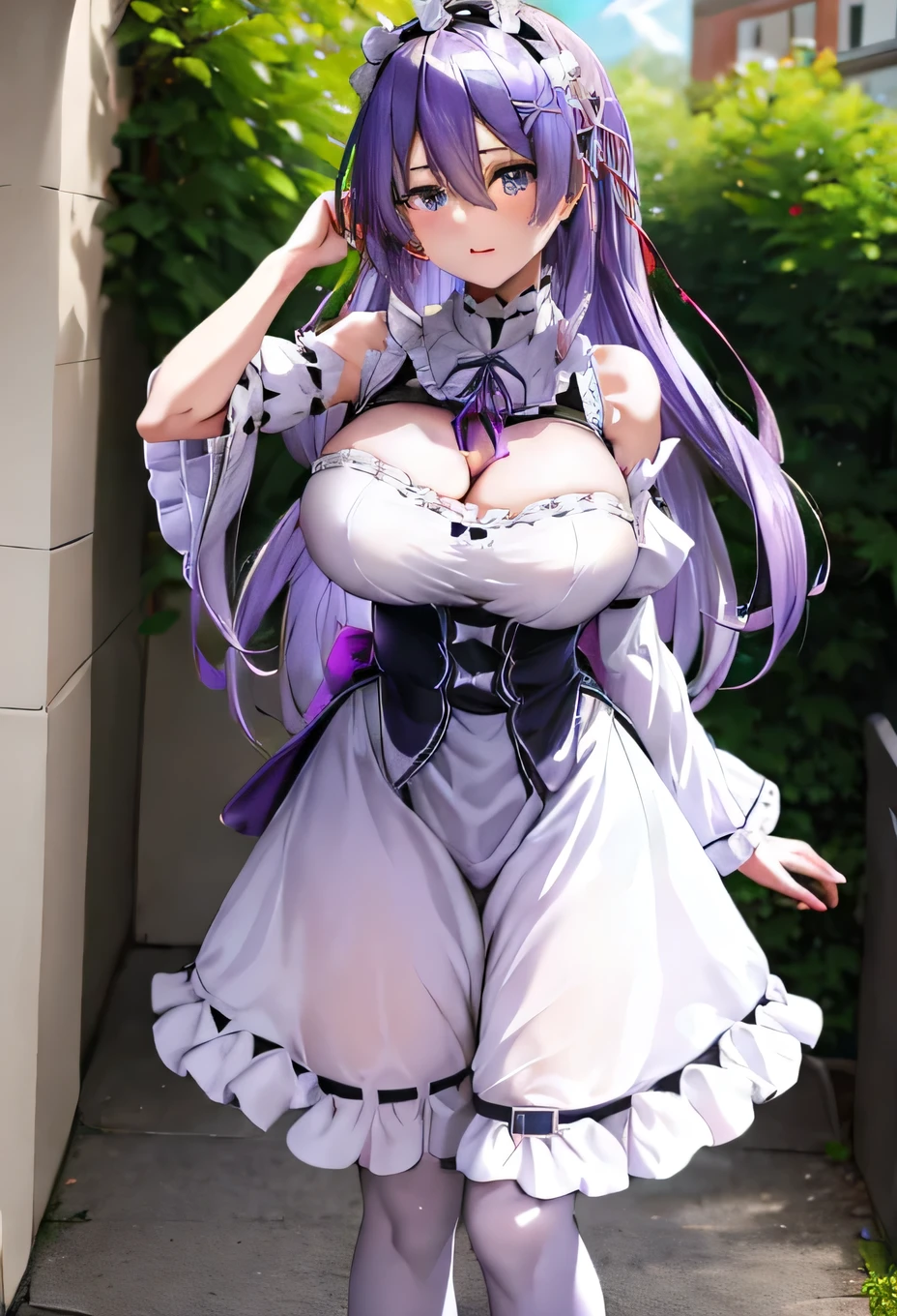 aarem, long purple hair, maid headdress, x hair ornament, hair ribbon, large breasts, frills, neck ribbon, cleavage, dress, detached sleeves, white apron, waist apron, white pantyhose