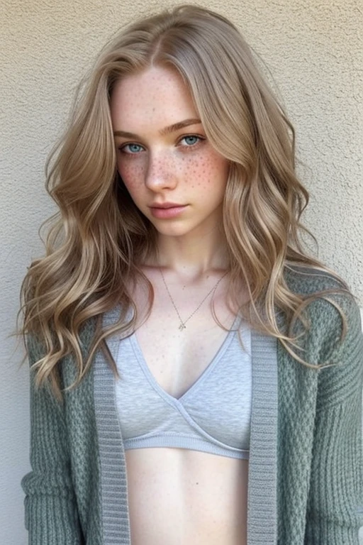 1girl in, age19, Solo, Aesthetic artwork, irish, wavy strawberry blonde hair, shoulder length hair, gray eyes, light grey eyes, some small freckles, pale skin, runners body, (textured skin, skin pores:1.1), goosebumps, wearing a dark green cardigan without anything underneath, no bra, open cardigan, medium sized chest, grey panties, sexy pose