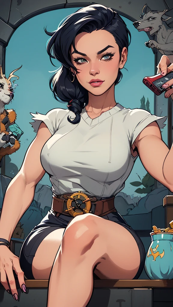 Character style Cartoon style digital illustration GTA style female style beautiful breasts symmetrical medium breasts Fiona with war marks Cartoon image of a woman .Ilustra??o estilo desenho animado, estilo de arte dos desenhos animados, estilo de arte dos desenhos animados, digital illustration style, estilo atompunk design de personagens altamente detalhado, arte digital detalhada coragem, Forest fan art, Design de personagens de retrato, beautiful digital illustration, retrato de alta qualidade, Arte em quadrinhos, mulher jovem cabelo com transas lindas . Eyelined eyes Medium large bust and wonderful sexy clothes. image expression of sexual desire from waist to head illustration Queen Anne of Arendelle atompunk style Fallout 4 style pose playboy magazine a close-up of a woman sitting with a dragon cartoon of a woman .illustration style cartoon style digital illustration GTA style