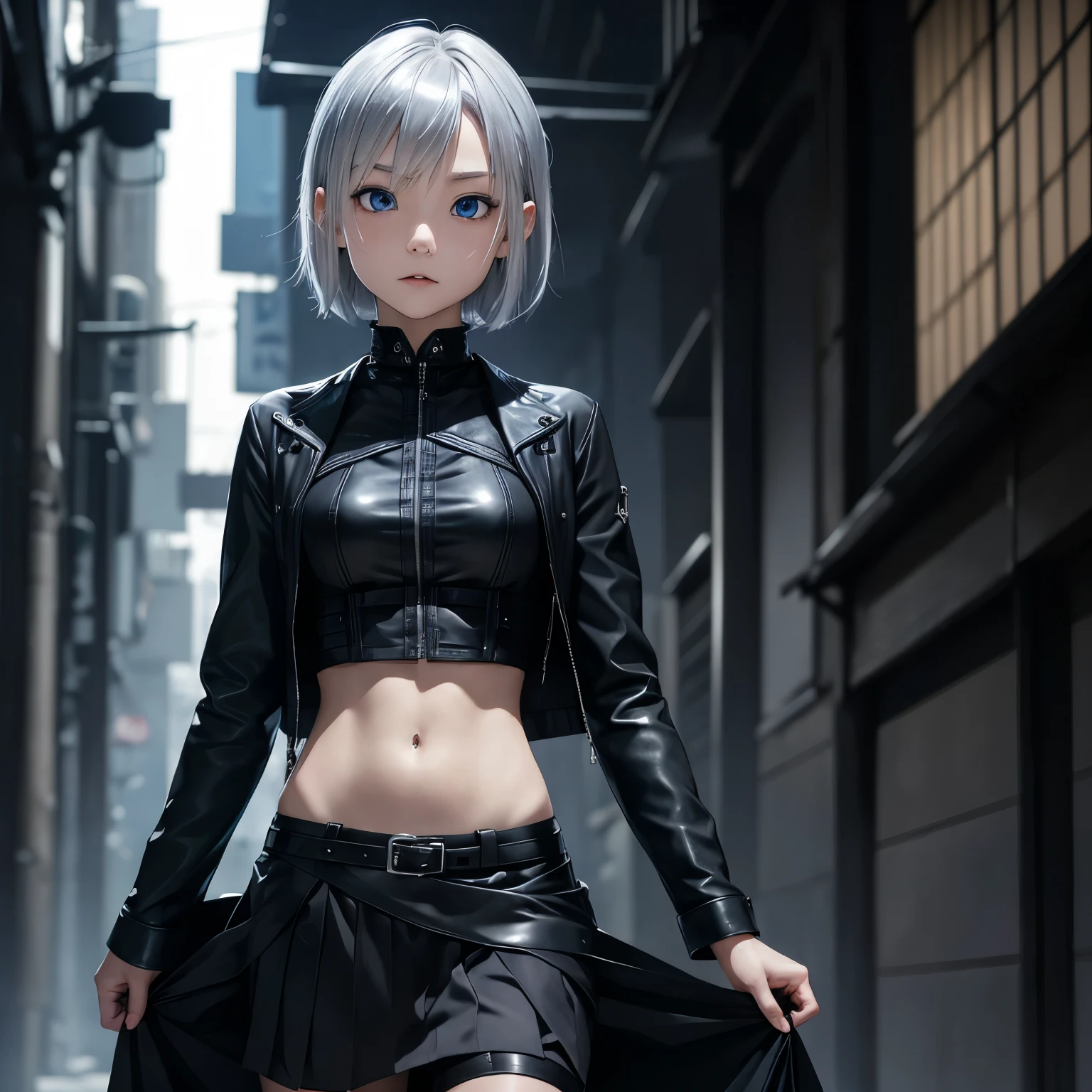 Japanese, ((alone)), 16 years old. His distinguishing features are his blue eyes with a psychotic expression, his short silver hair and dark laugh. Her silhouette is slim, with small A breasts, a thin waist and square hips. She wears a gothic look, with a long black skirt and black leather jacket.