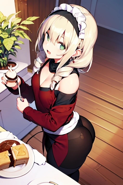 (small breasts:1.3), (perky chest:1.1), (pointed chest:1.0), (Pudding cake magazine cover:1.3),(from above:1.0),(from side:0.9),masterpiece, 1girl, Amazing Cleavage:1.1, thin waist, big ass, Raised sexy, small breast: 1.3, posed cleavage:1.2、solo, open mouth, have a cute grass of cute beergrass,black hair, dark green eyes, dress, bare shoulders, jewelry, collarbone, sidelocks, hairband, earrings, indoors, off shoulder, sweater, arms behind back, plant, short hair with long locks, gild hairband, sweater dress:1.2, off-shoulder sweater, red sweater, dark gord hair, big side hair, very long side hair,is rendered in (masterpiece: 1.2, best quality), with (ultra high resolution) and an exquisite (depth of field). This masterpiece is not only visually stunning but also tells,A scene of cooking in the kitchen by classroom ,looking at viewer,